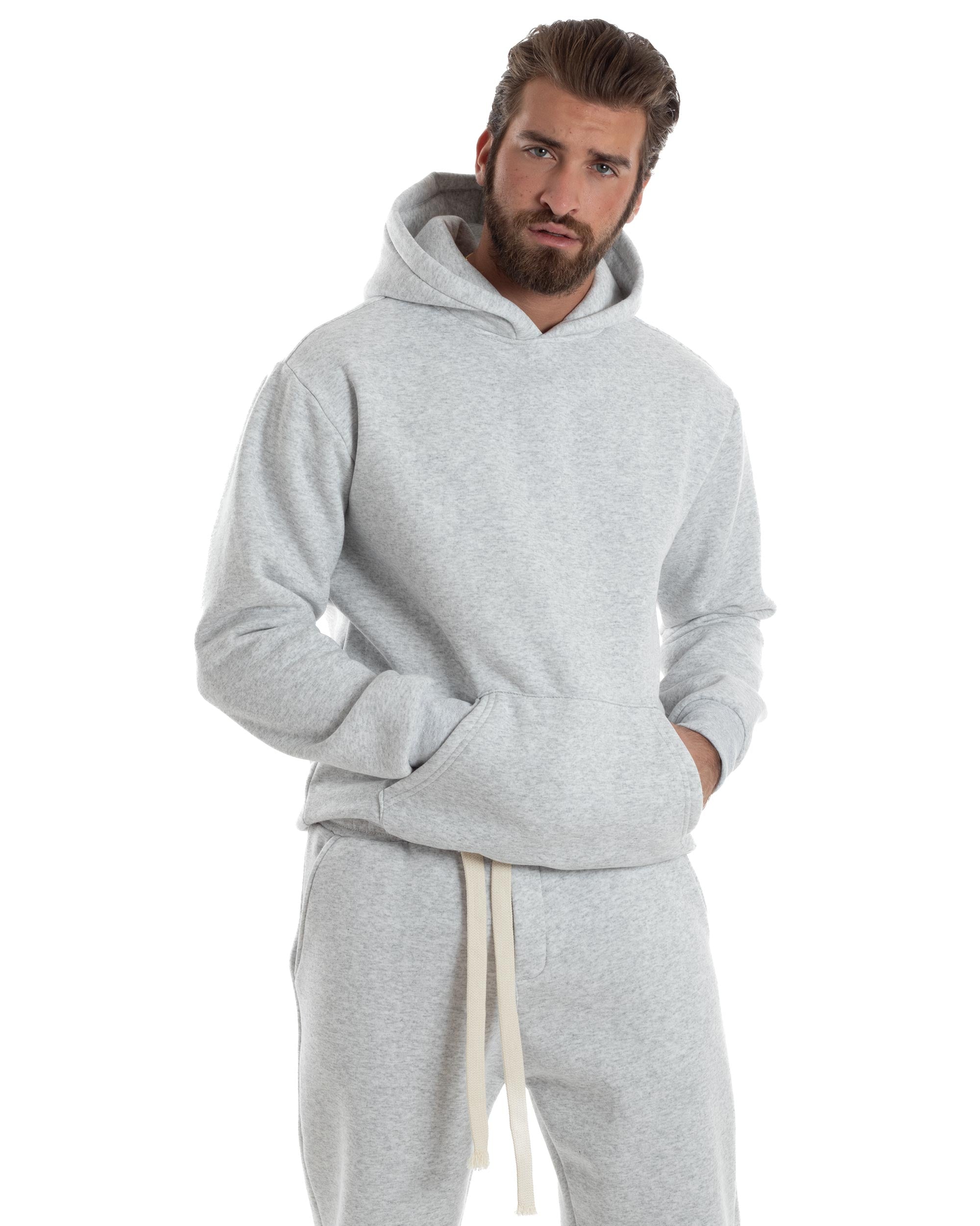 Completo Tuta Felpato Coordinato Uomo Outfit Felpa Con Cappuccio Pantaloni Baggy Tinta Unita Basic Grigio Casual GIOSAL-OU2501A