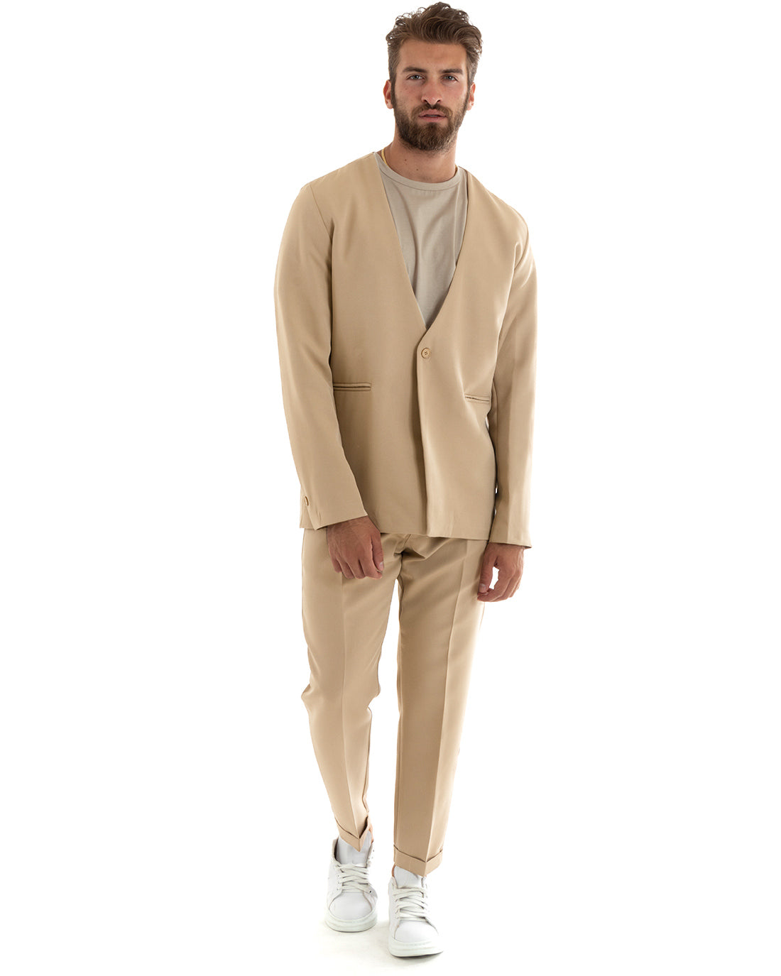 Abito Uomo Monopetto Vestito Viscosa Completo Giacca Pantaloni Camel Elegante GIOSAL-OU2525A