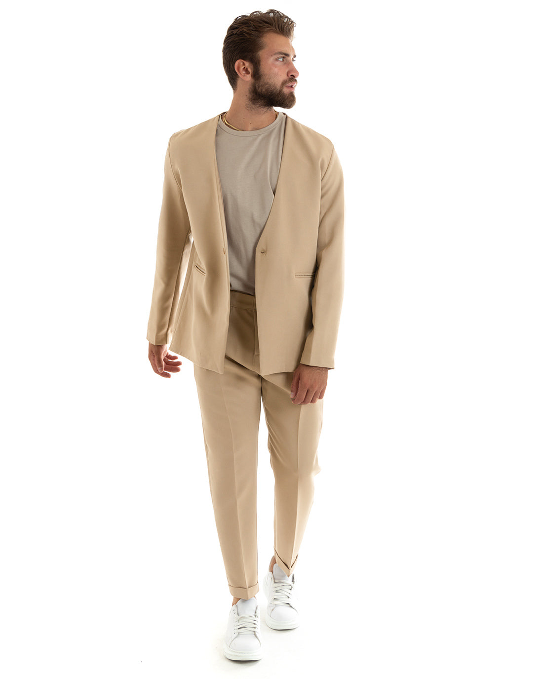 Abito Uomo Monopetto Vestito Viscosa Completo Giacca Pantaloni Camel Elegante GIOSAL-OU2525A