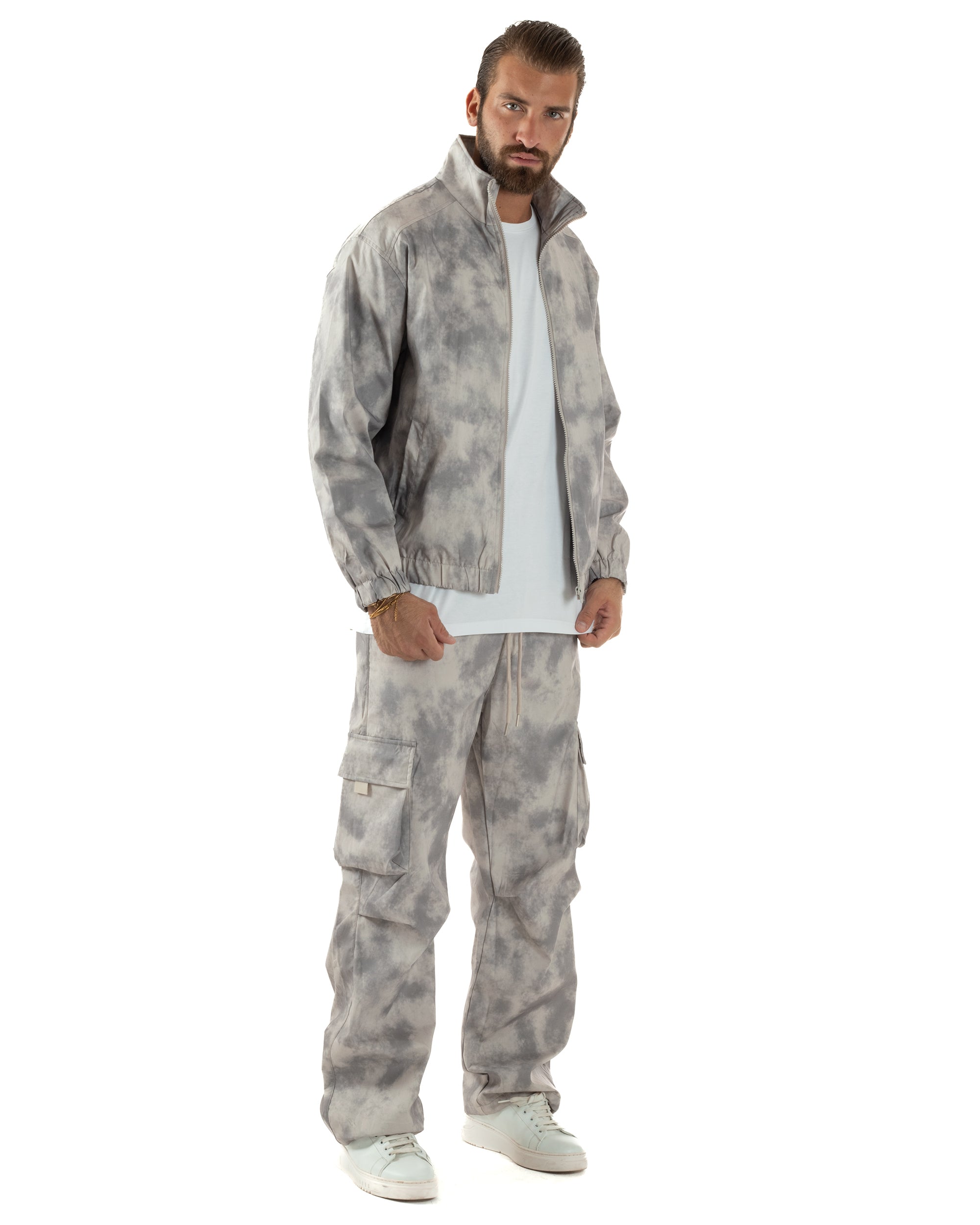 Coordinato Tuta Giacca Giubbotto Pantaloni Baggy Cargo Tie Dye Beige OU2529A
