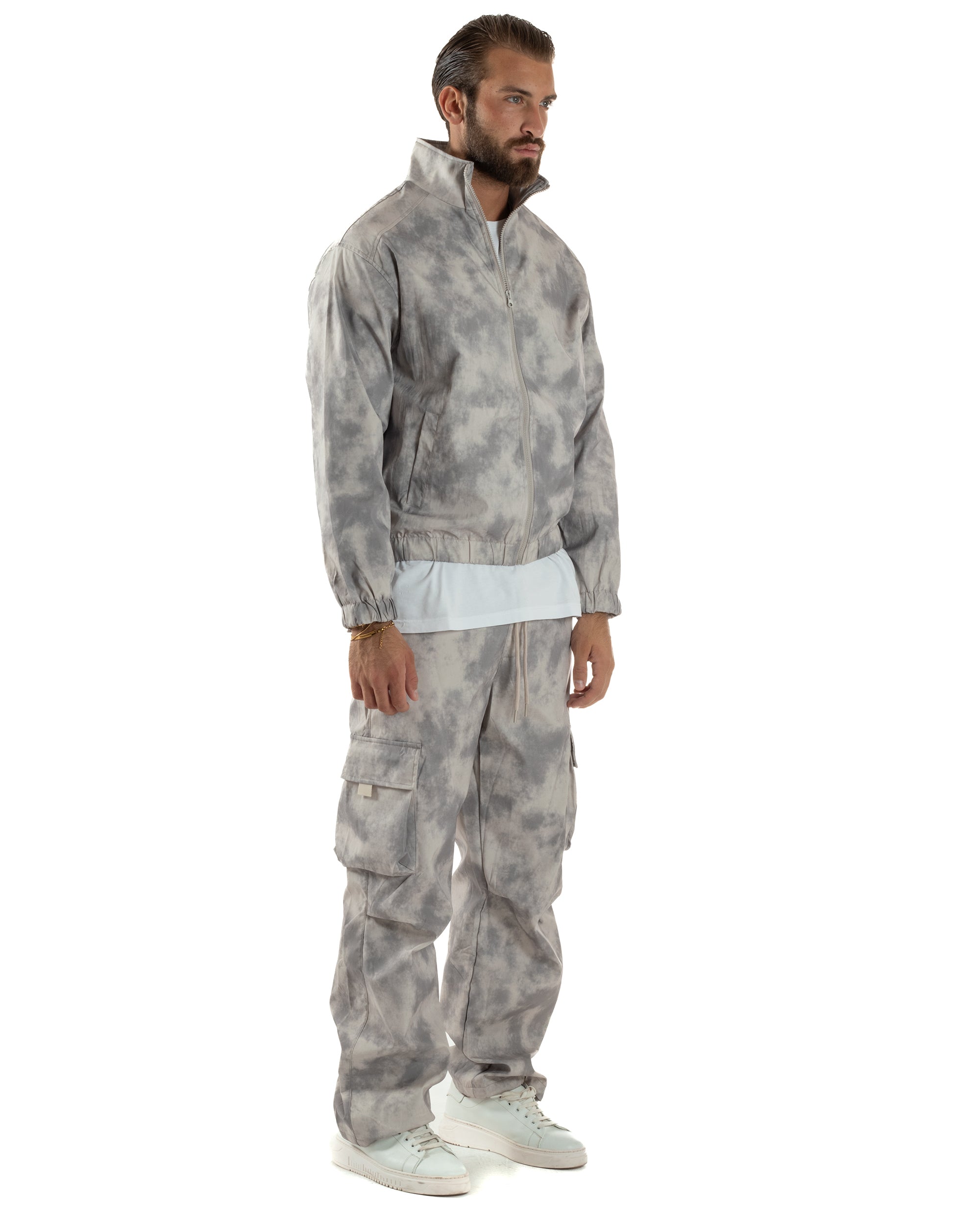 Coordinato Tuta Giacca Giubbotto Pantaloni Baggy Cargo Tie Dye Beige OU2529A