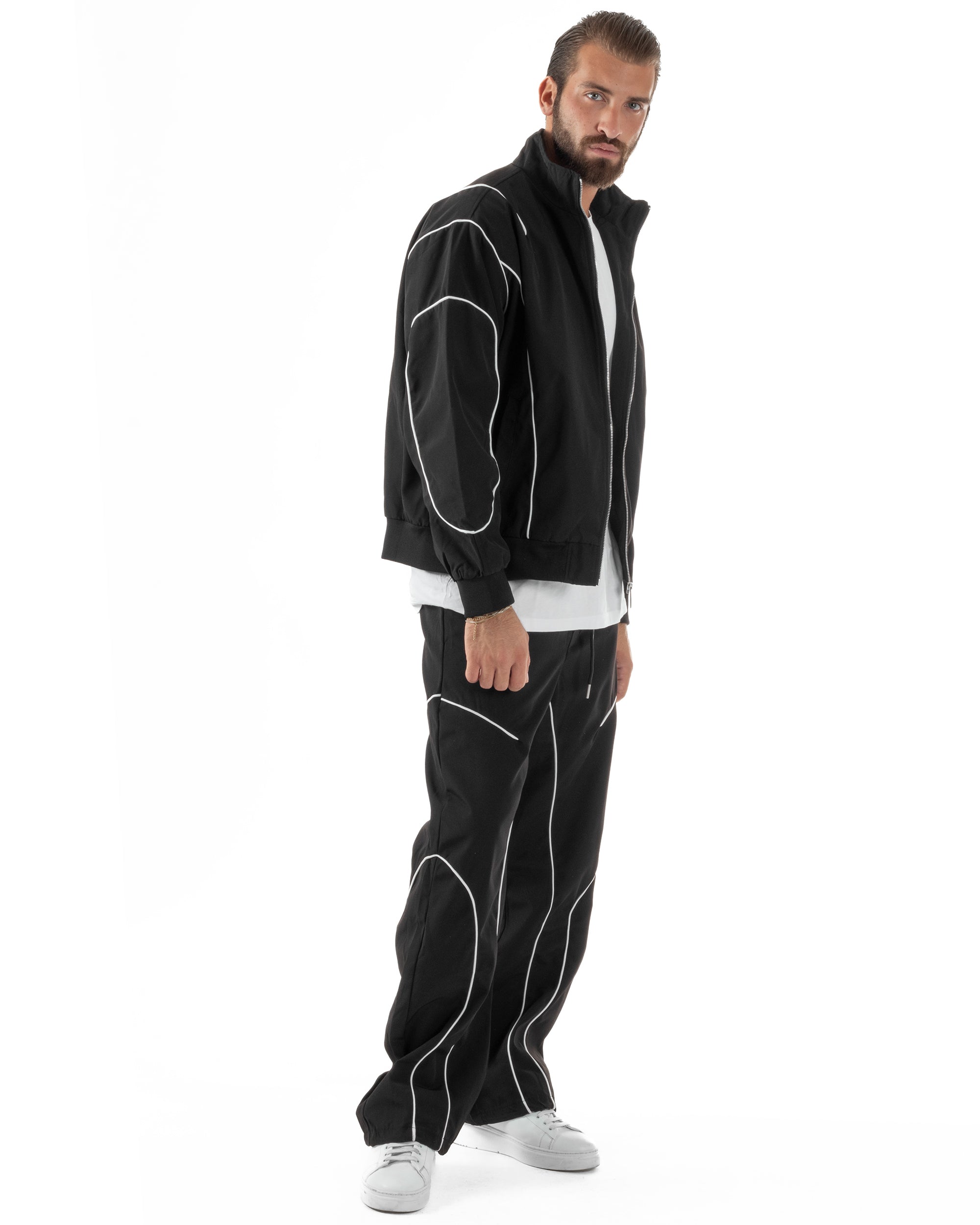 Coordinato Tuta Giacca Giubbotto Pantaloni Baggy Outfit Nero OU2531A