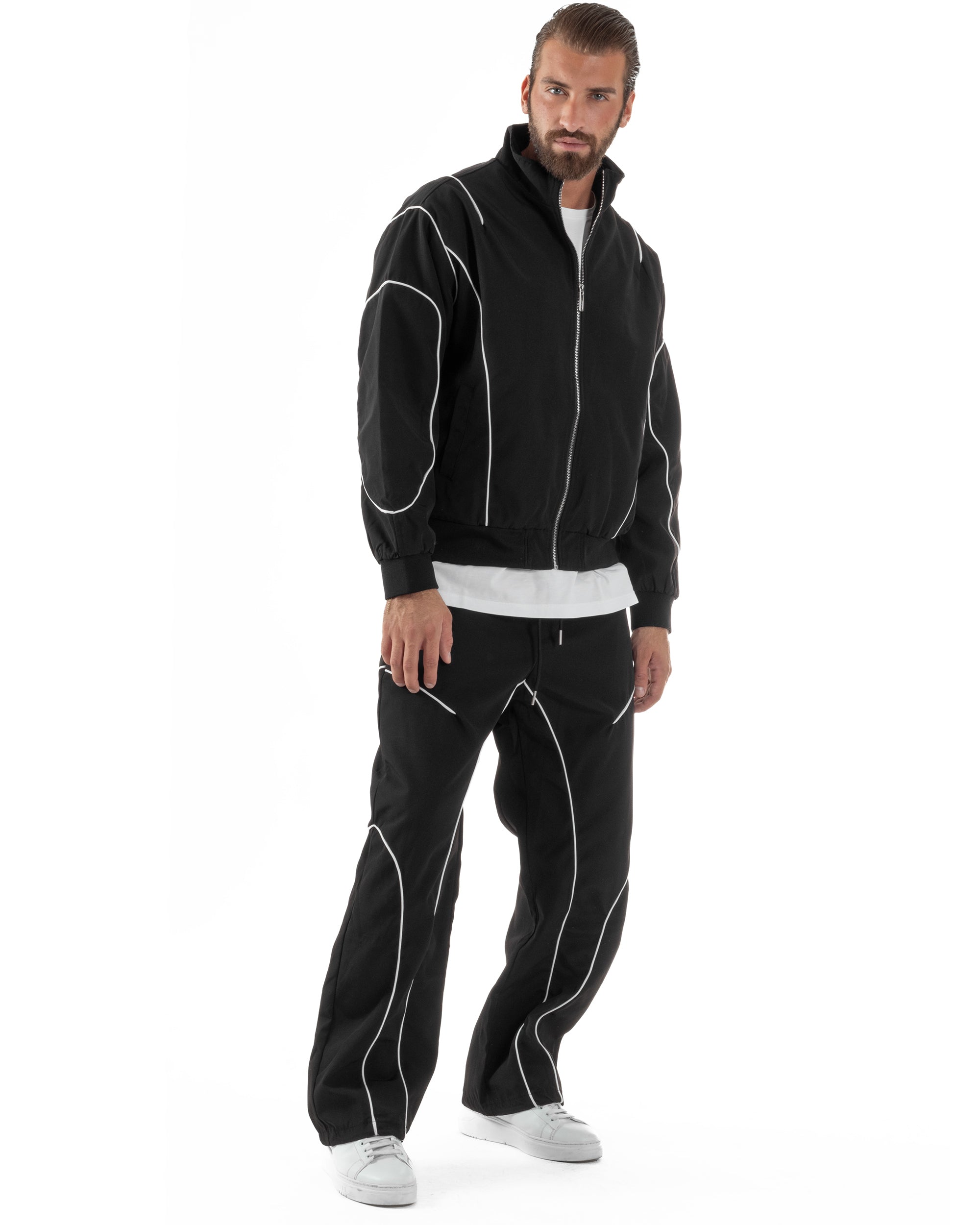 Coordinato Tuta Giacca Giubbotto Pantaloni Baggy Outfit Nero OU2531A