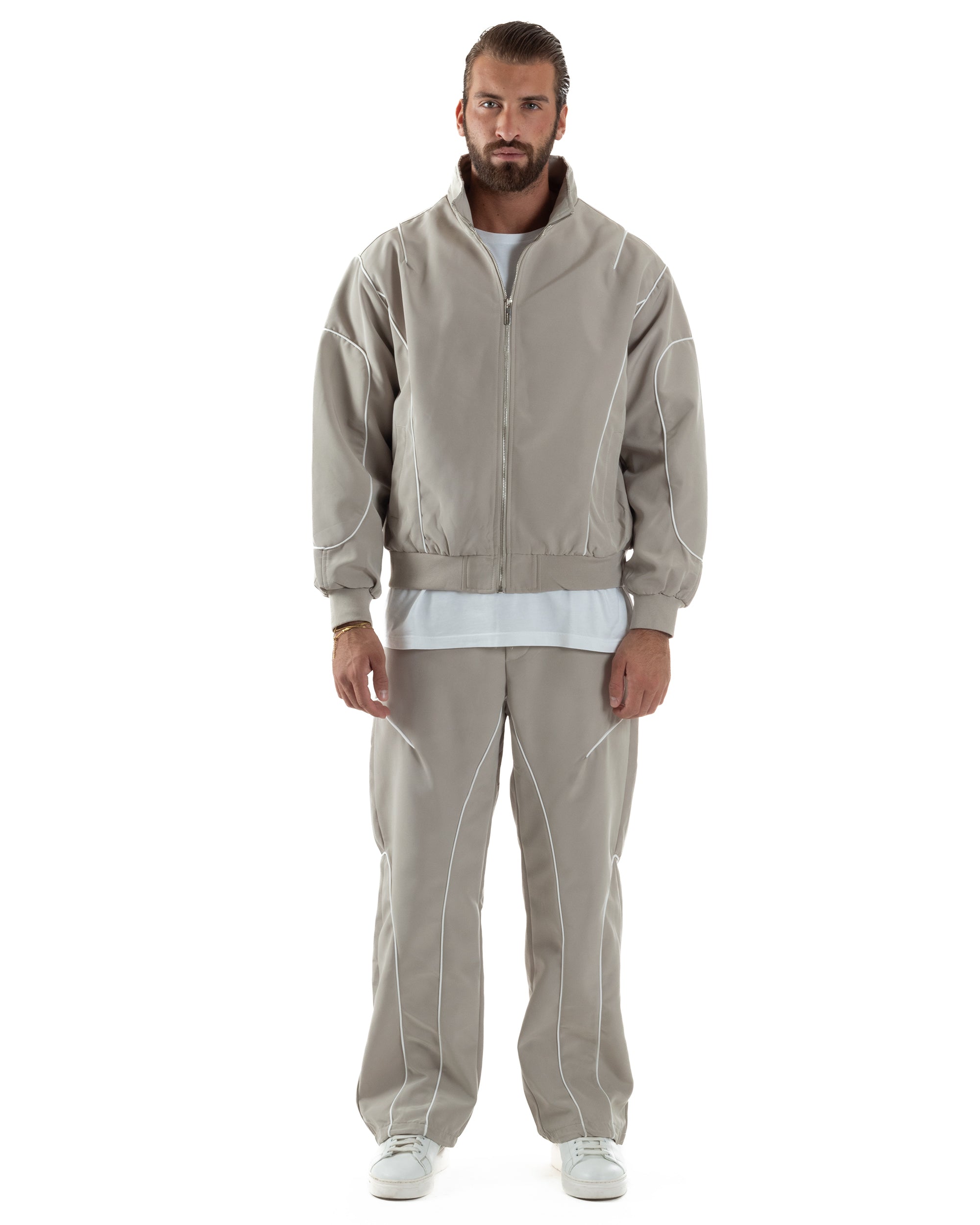 Coordinato Tuta Giacca Giubbotto Pantaloni Baggy Outfit Beige OU2532A