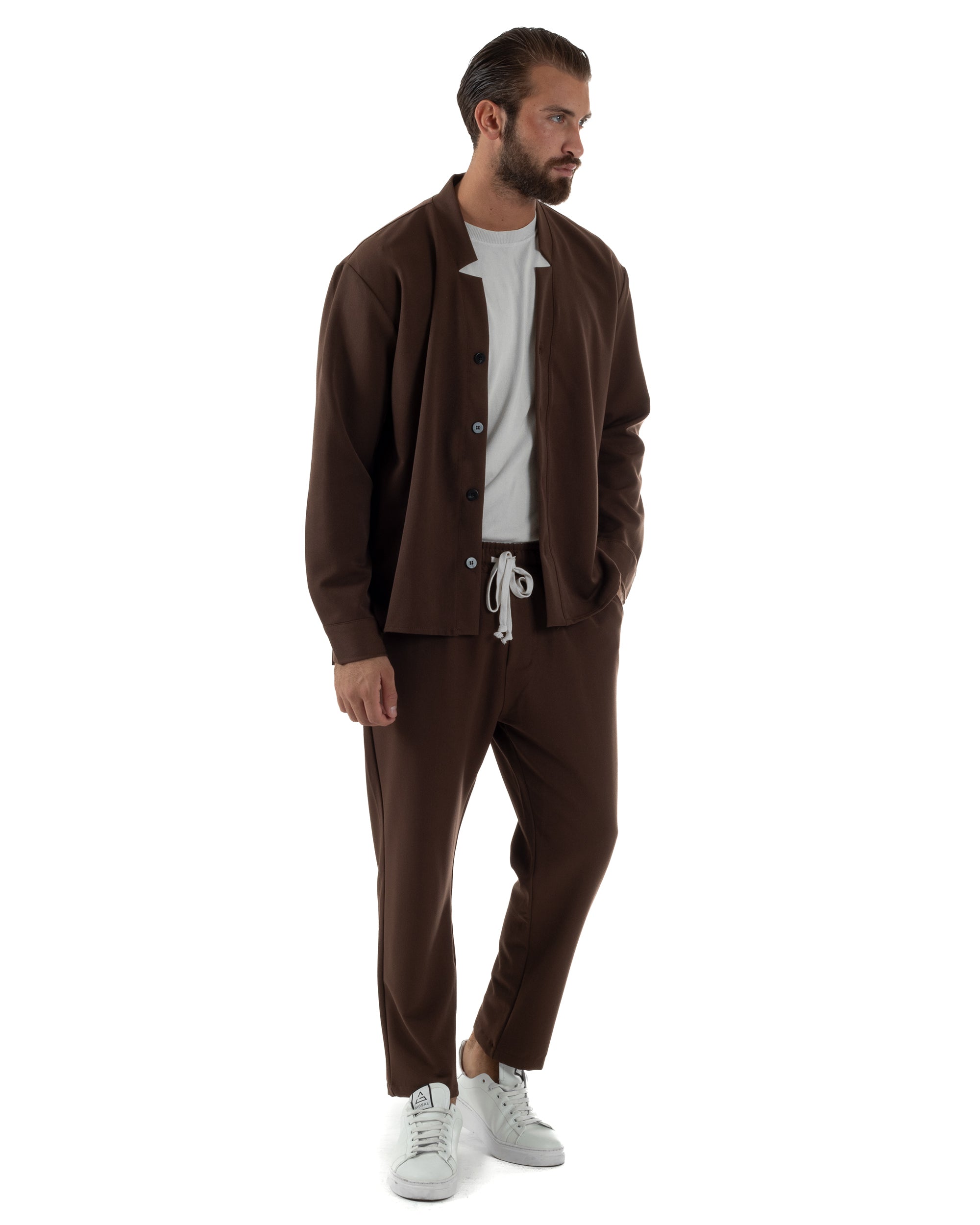 Coordinato Camicia Pantaloni Viscosa Casual Marrone OU2534A