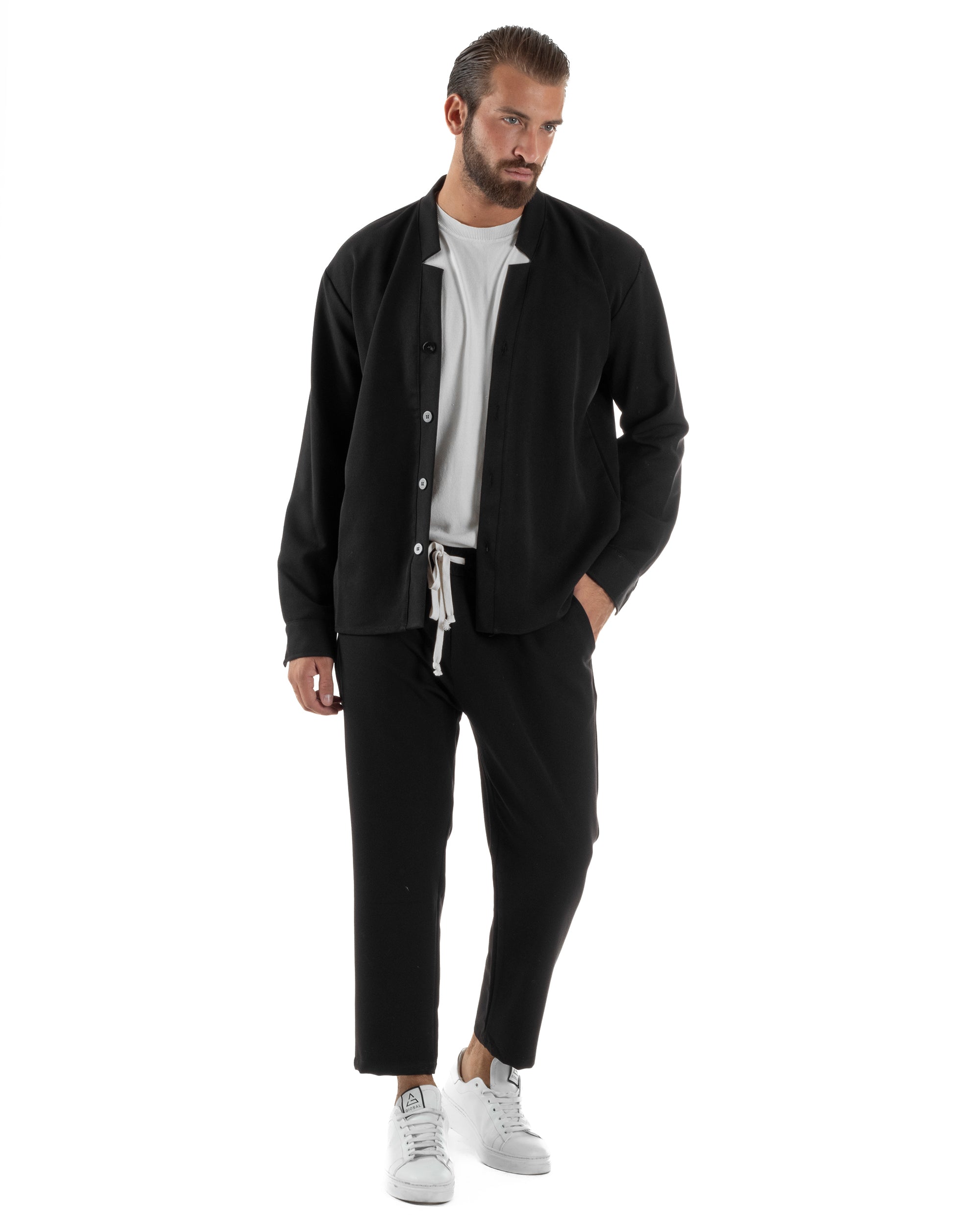 Coordinato Camicia Pantaloni Viscosa Casual Nero OU2536A