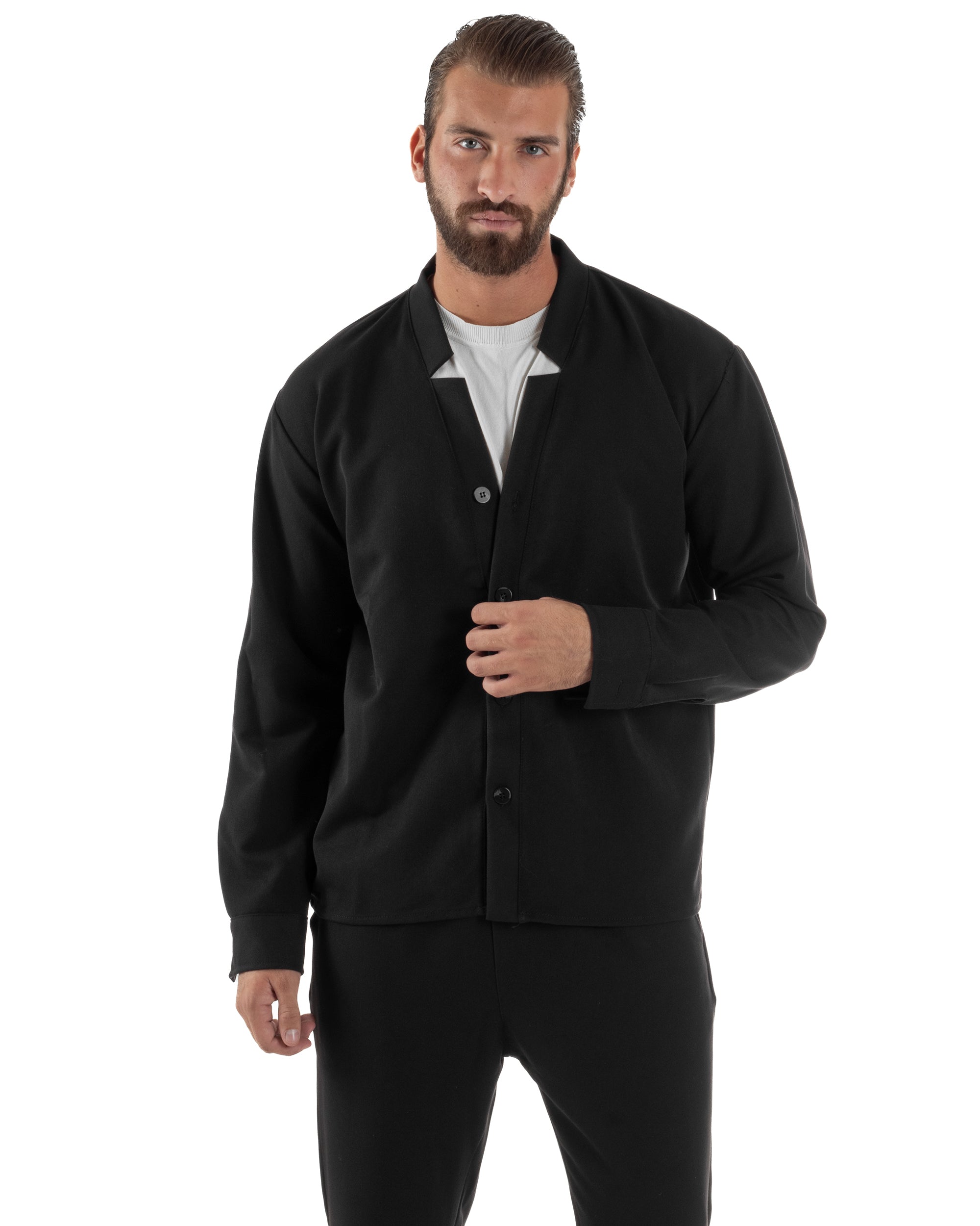 Coordinato Camicia Pantaloni Viscosa Casual Nero OU2536A