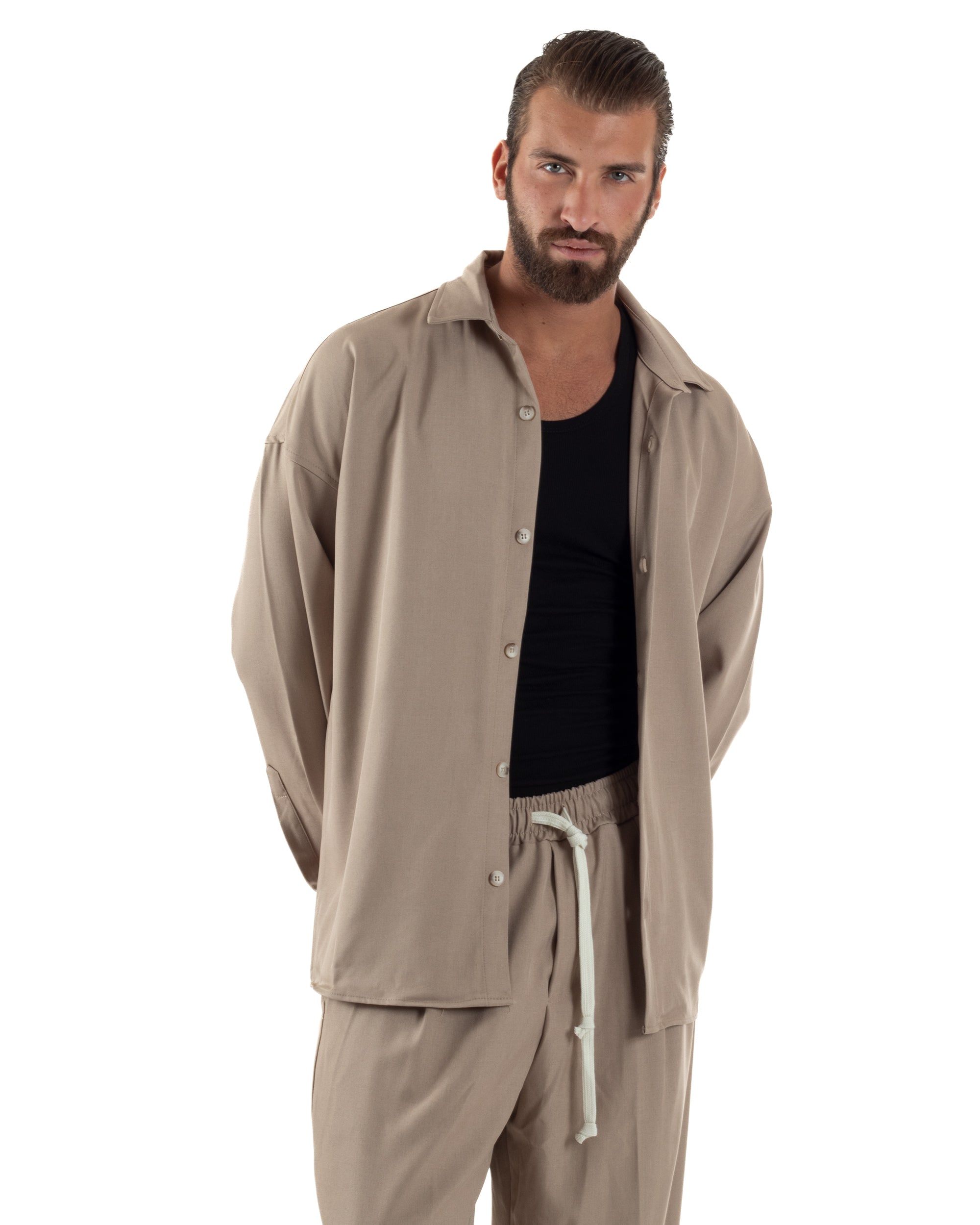 Coordinato Uomo Viscosa Camicia Pantaloni Baggy Casual Beige OU2537A
