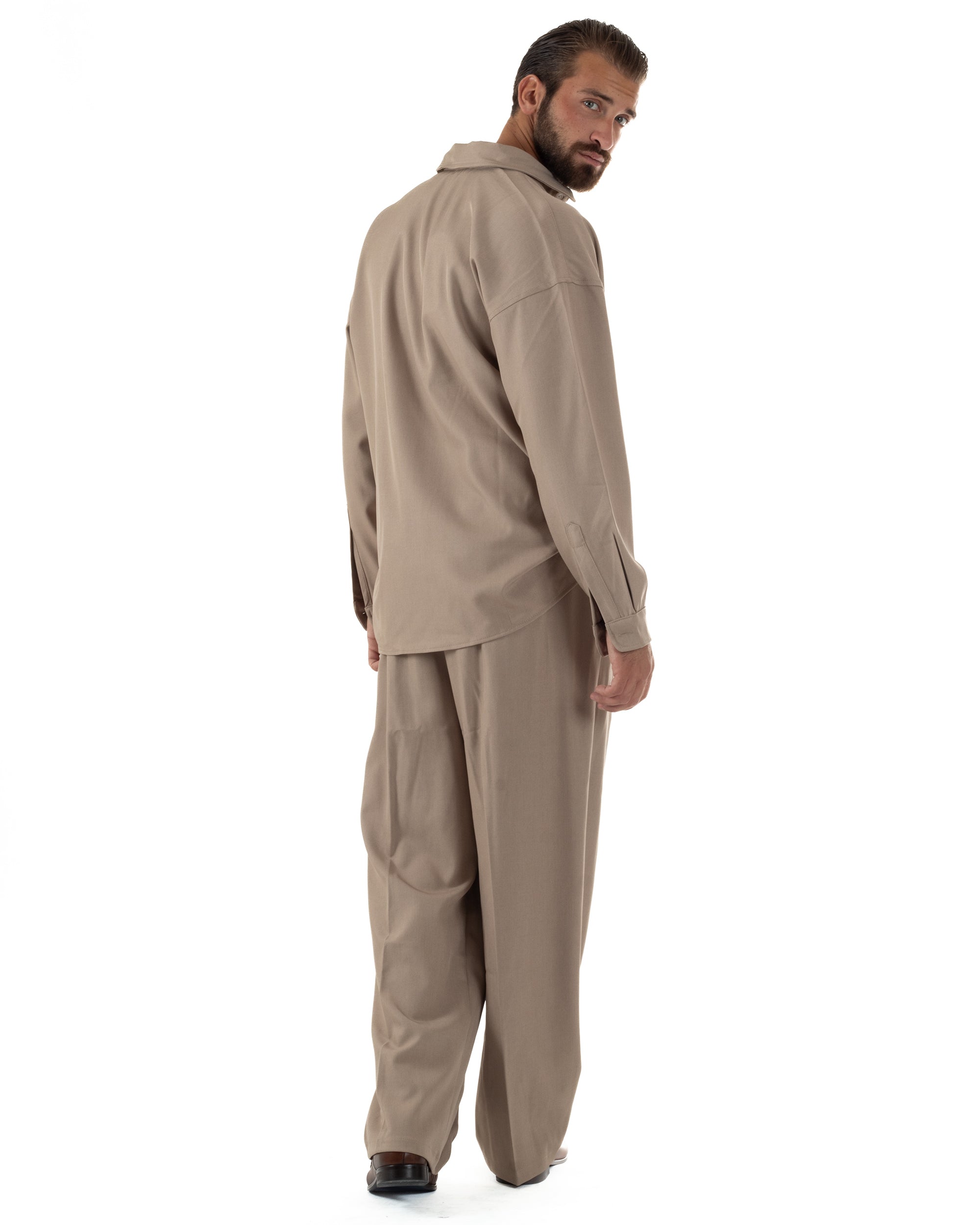 Coordinato Uomo Viscosa Camicia Pantaloni Baggy Casual Beige OU2537A