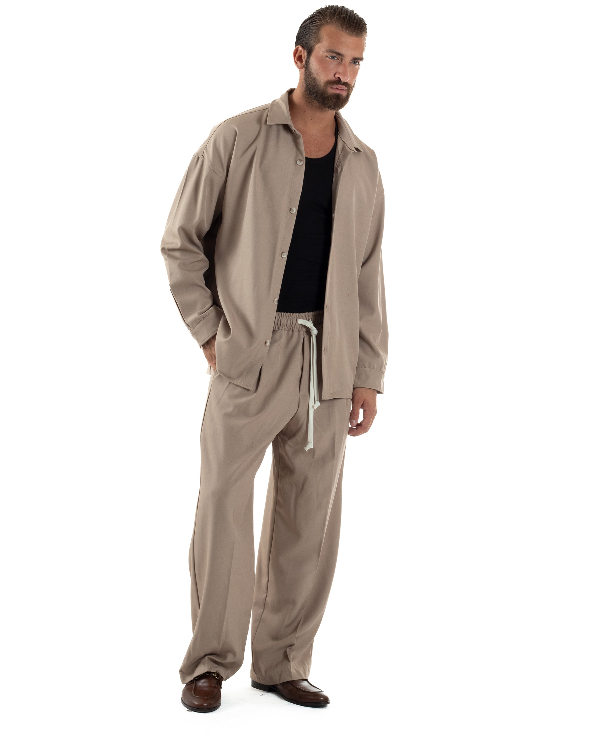 Coordinato Uomo Viscosa Camicia Pantaloni Baggy Casual Beige OU2537A