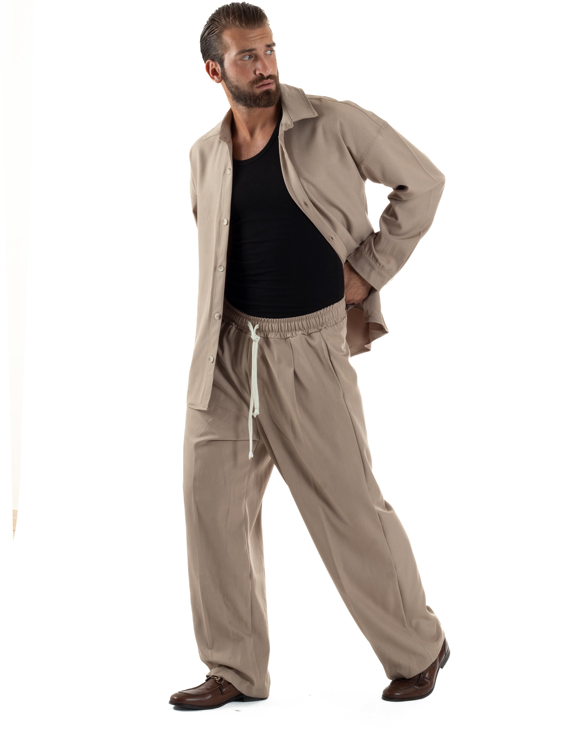 Coordinato Uomo Viscosa Camicia Pantaloni Baggy Casual Beige OU2537A