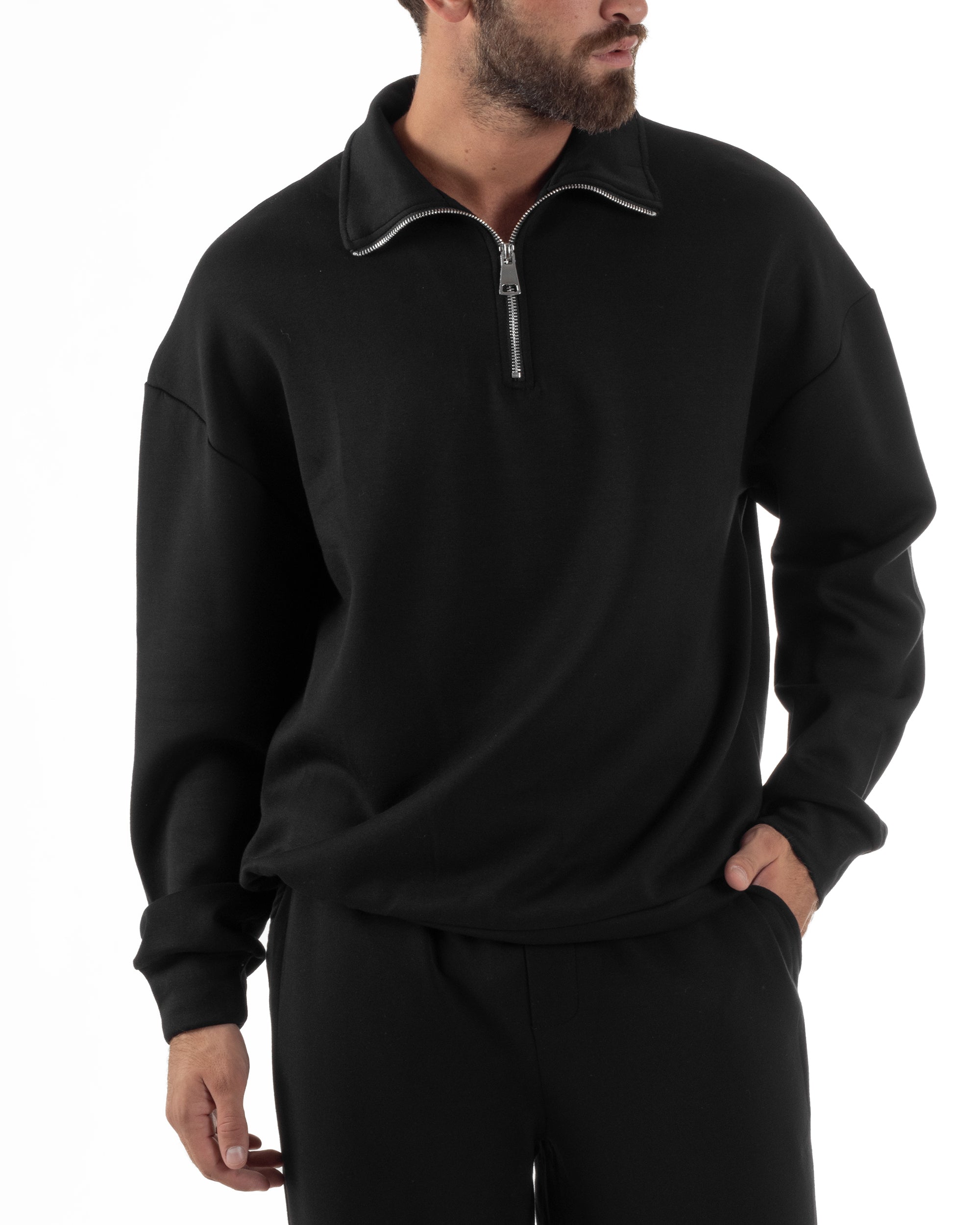 Coordinato Uomo Tuta Felpa Con Colletto Zip Pantaloni Baggy Relaxed Fit Nero OU2540A