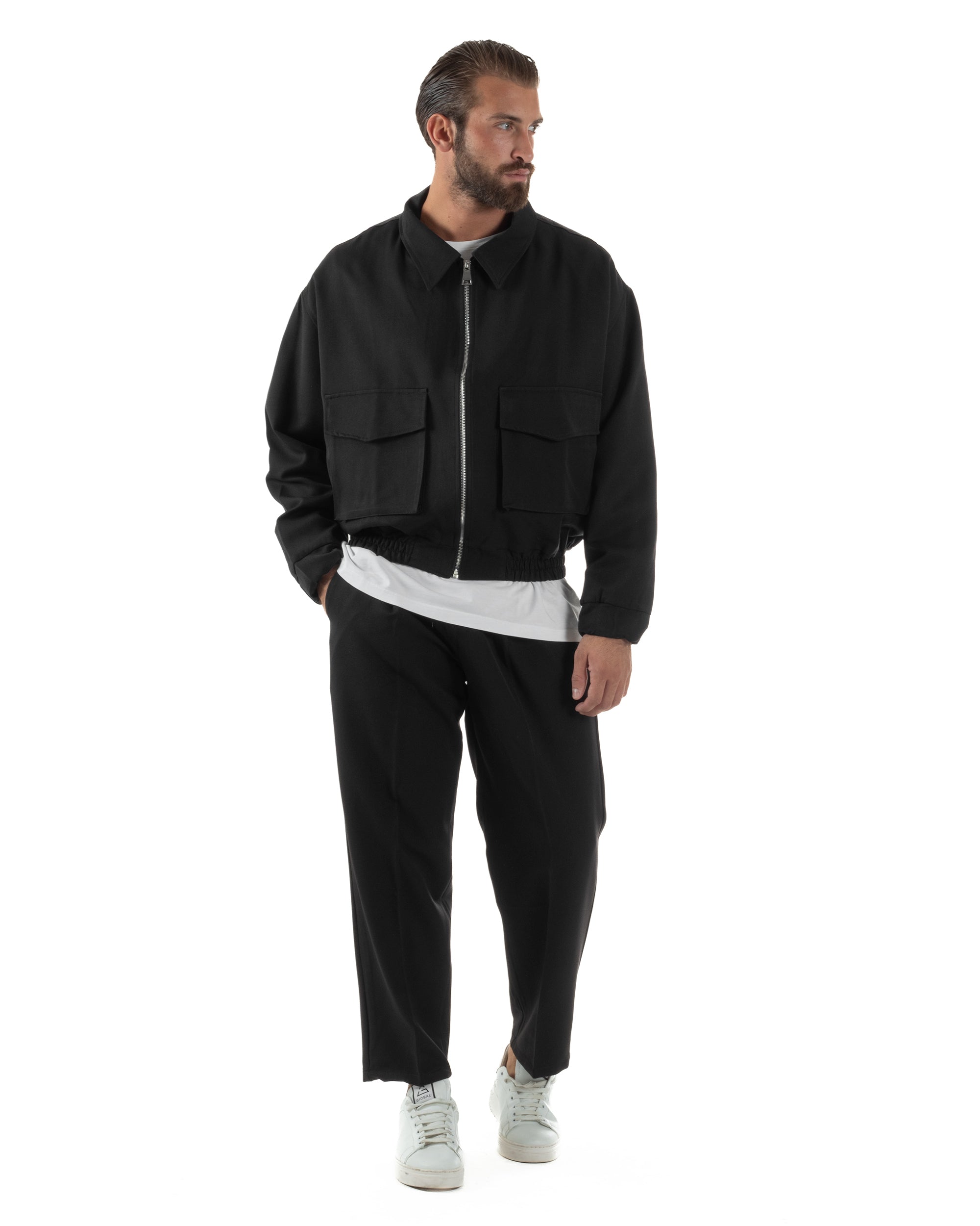 Coordinato Uomo Viscosa Giacca Boxy Fit Pantaloni Con Pinces Nero OU2542A