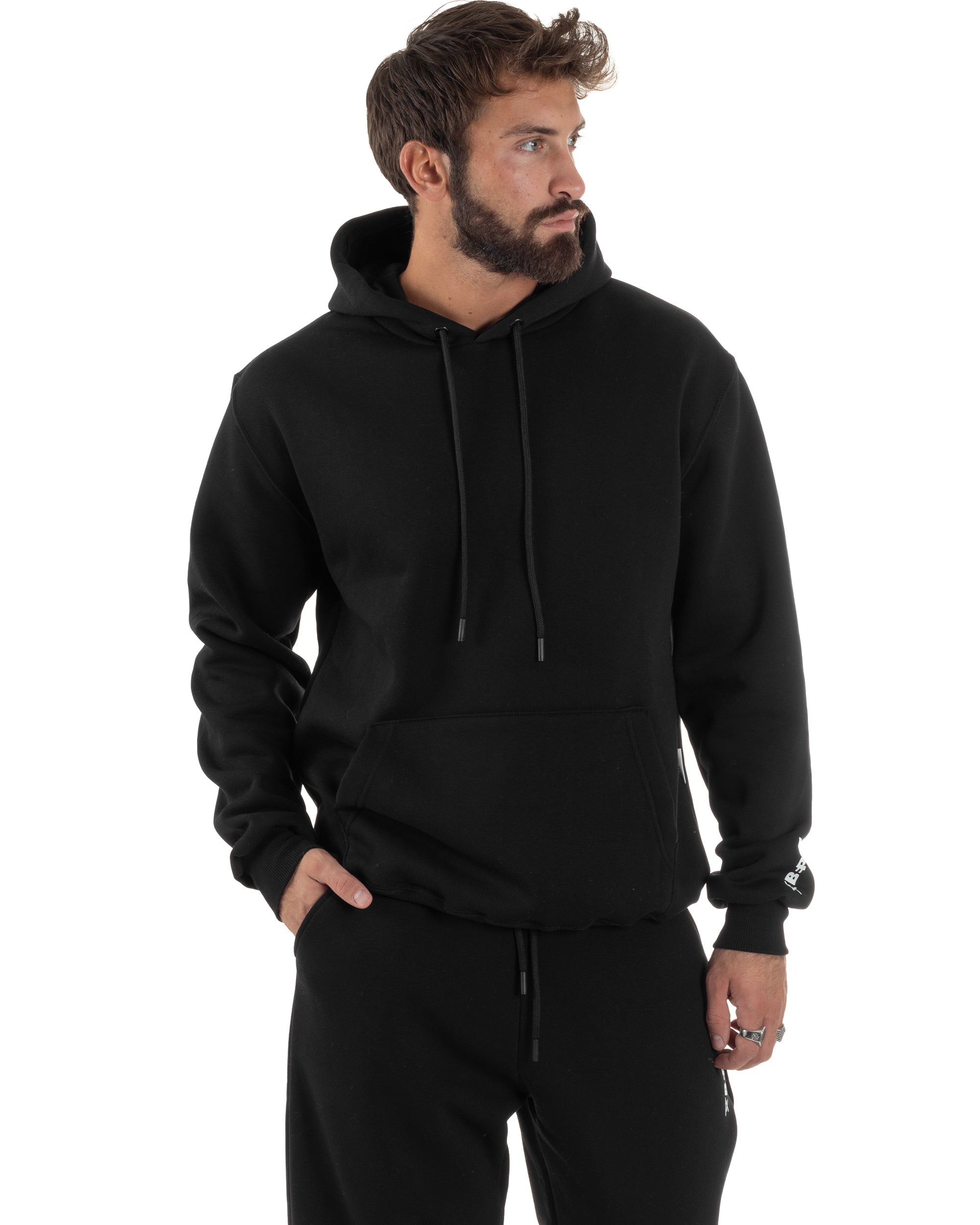 Coordinato Uomo Tuta Berna Felpa Cappuccio Pantaloni Jogger Nero OU2543A