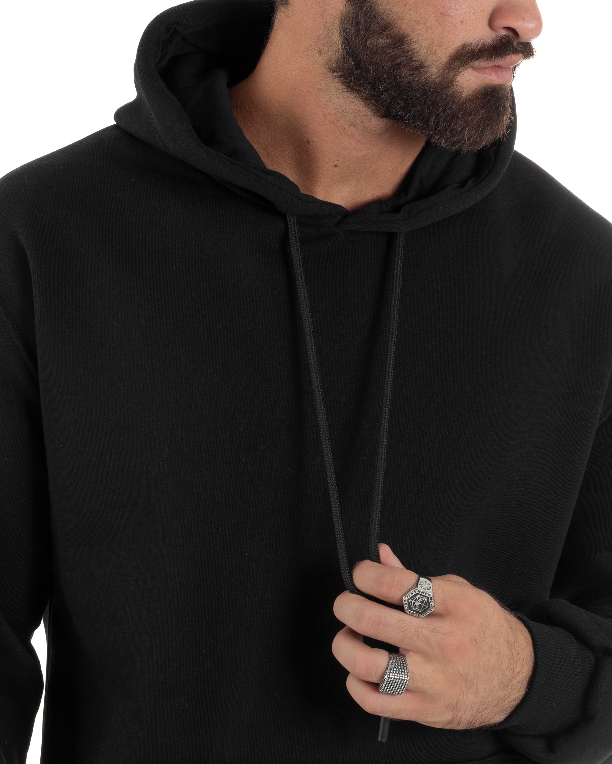 Coordinato Uomo Tuta Berna Felpa Cappuccio Pantaloni Jogger Nero OU2543A