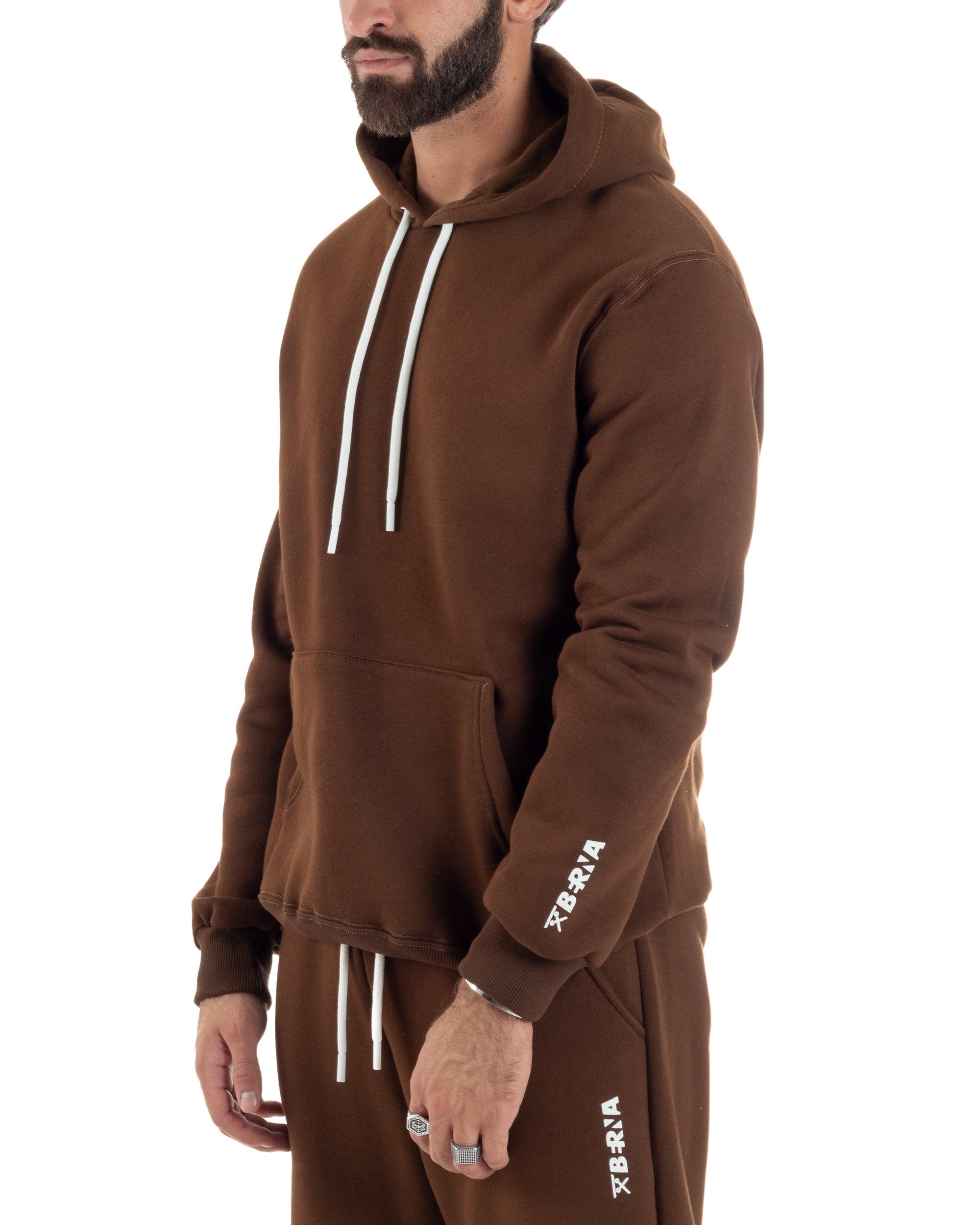 Coordinato Uomo Tuta Berna Felpa Cappuccio Pantaloni Jogger Marrone OU2545A