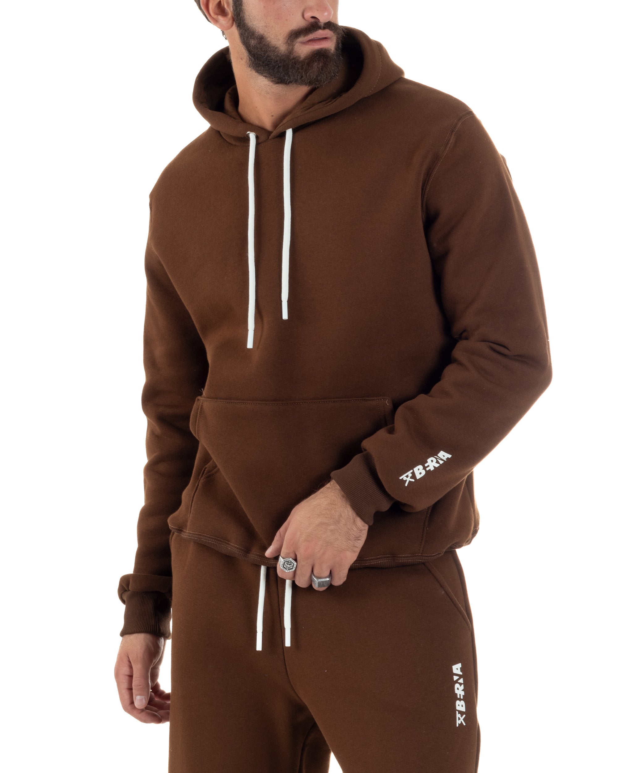 Coordinato Uomo Tuta Berna Felpa Cappuccio Pantaloni Jogger Marrone OU2545A