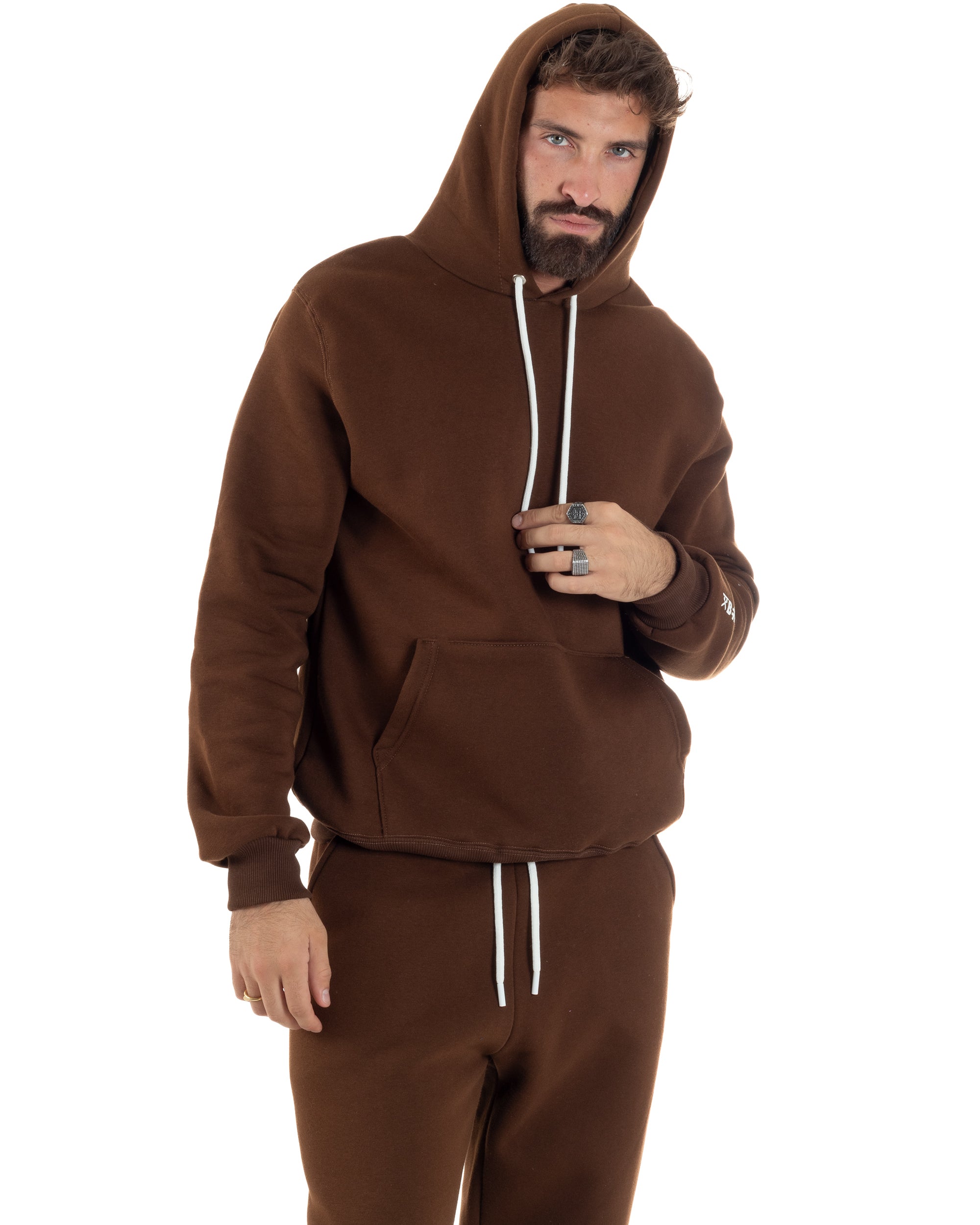 Coordinato Uomo Tuta Berna Felpa Cappuccio Pantaloni Jogger Marrone OU2545A