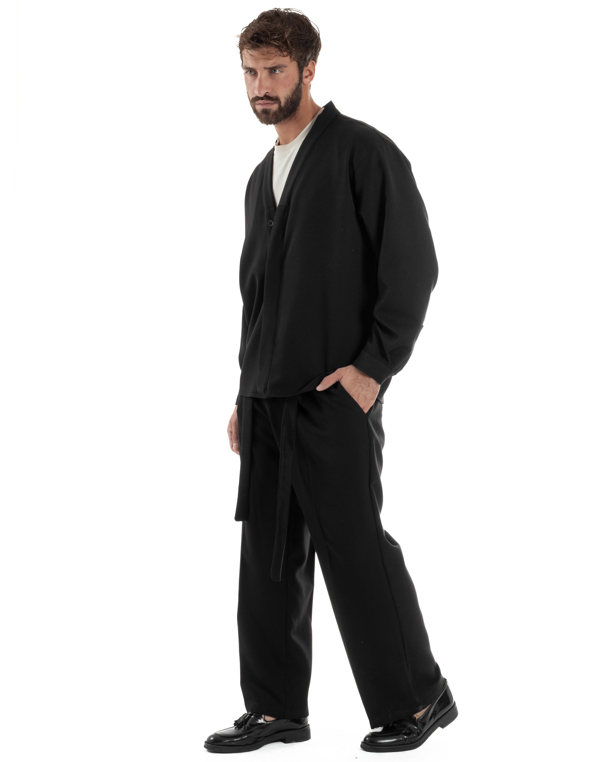 Coordinato Viscosa Uomo Camicia Scollo V Pantaloni Baggy Nero OU2549A