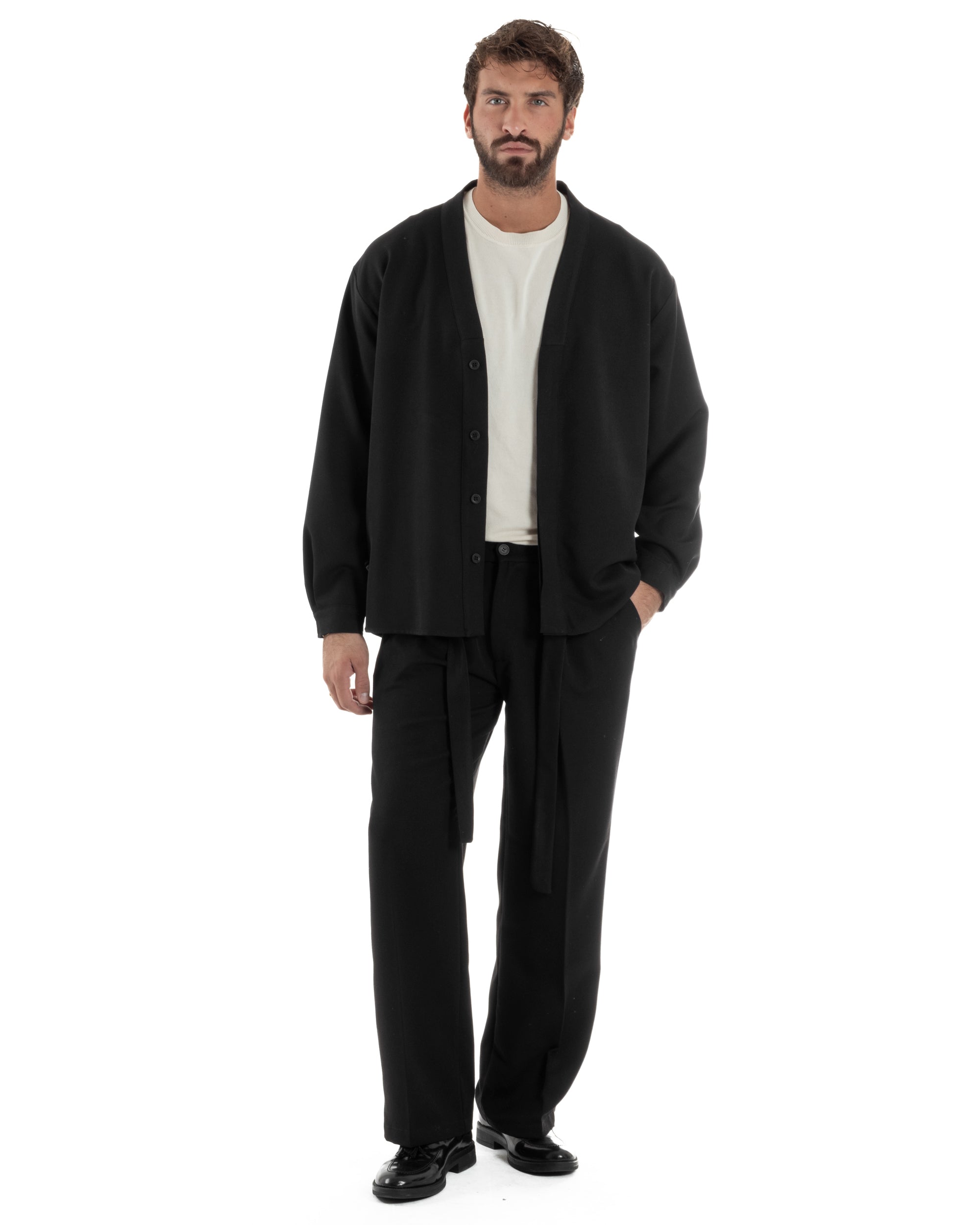 Coordinato Viscosa Uomo Camicia Scollo V Pantaloni Baggy Nero OU2549A