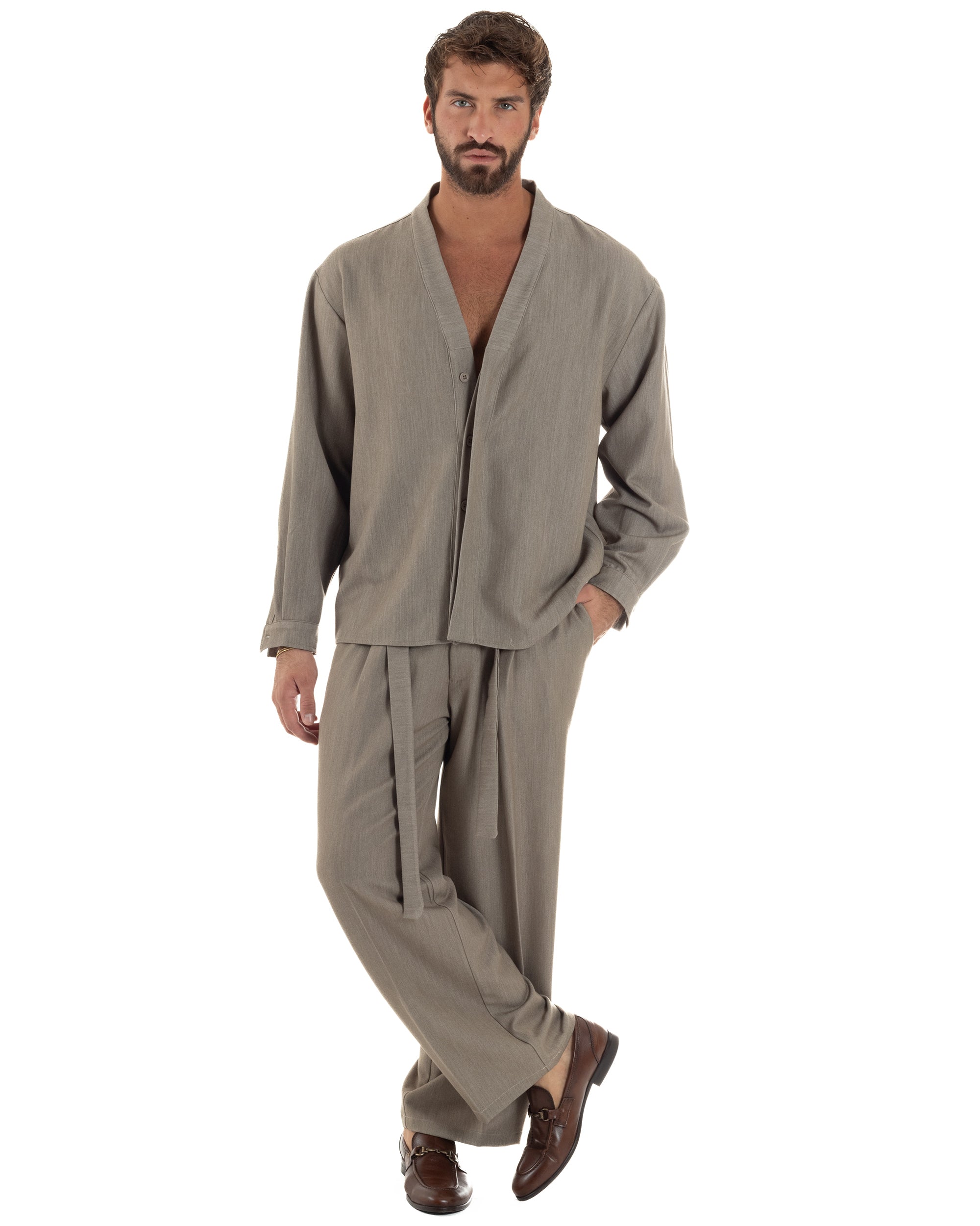 Coordinato Viscosa Uomo Camicia Scollo V Pantaloni Baggy Beige Melangiato OU2550A