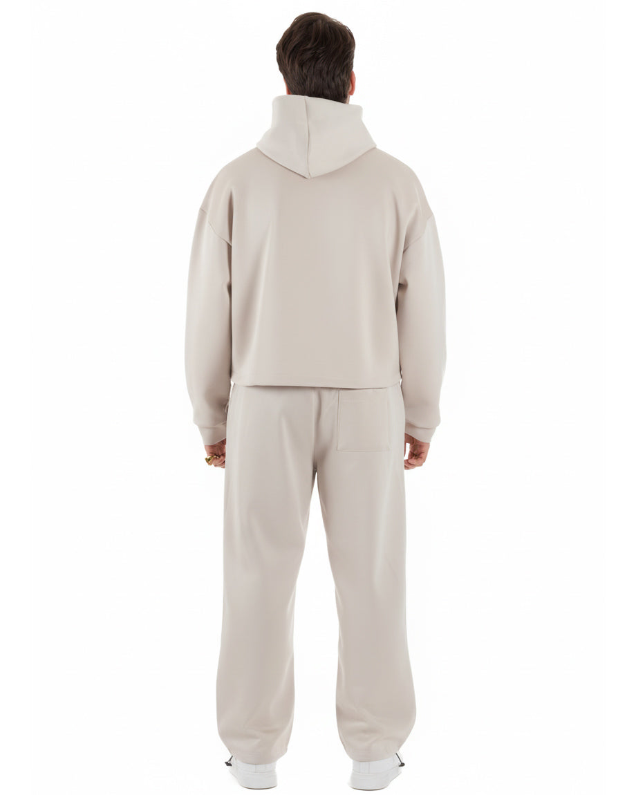 Dettaglio felpa boxy crop panna con cappuccio senza lacci casual