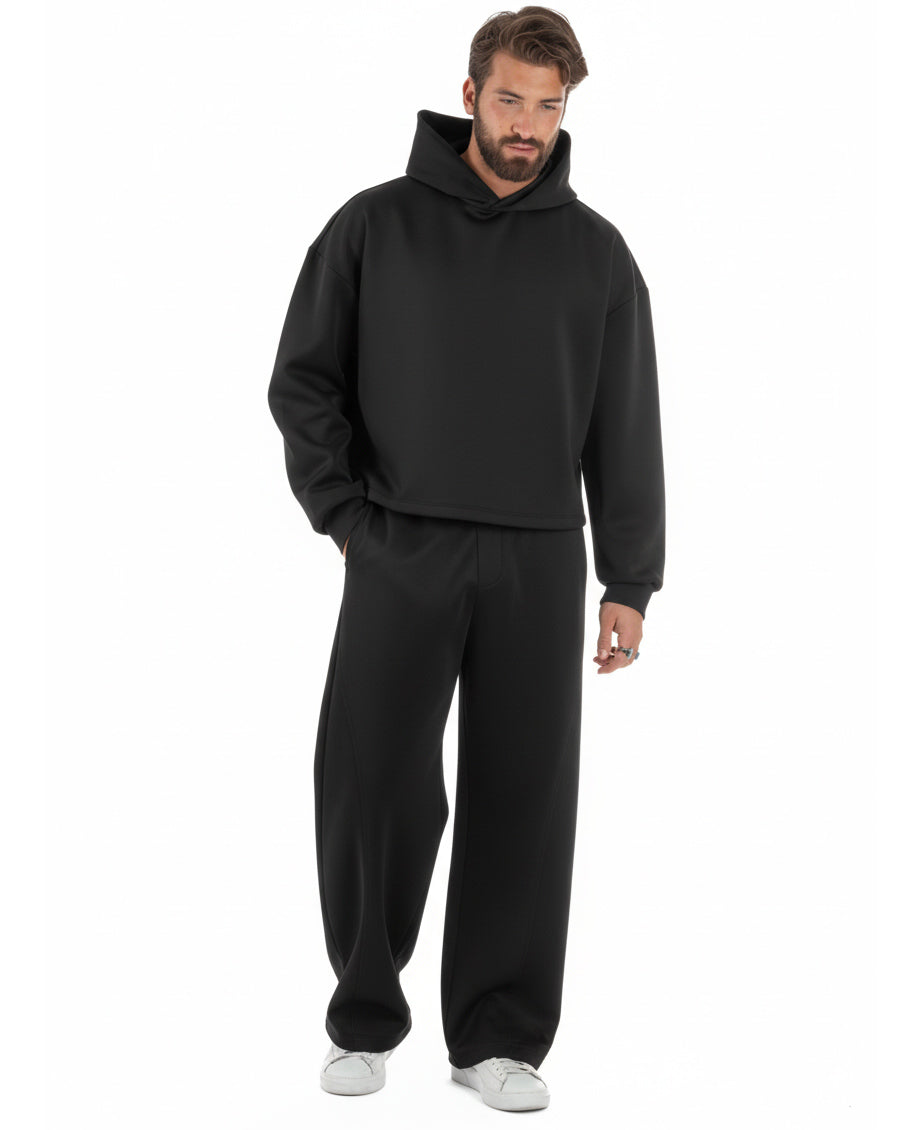 Coordinato uomo nero felpa boxy crop e pantaloni baggy casual