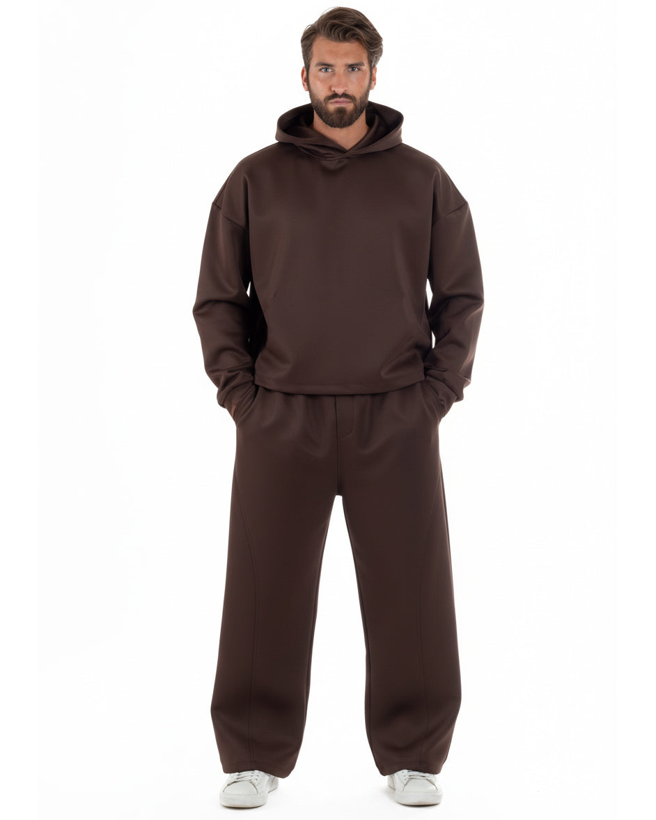 Coordinato uomo marrone felpa boxy crop e pantaloni baggy casual