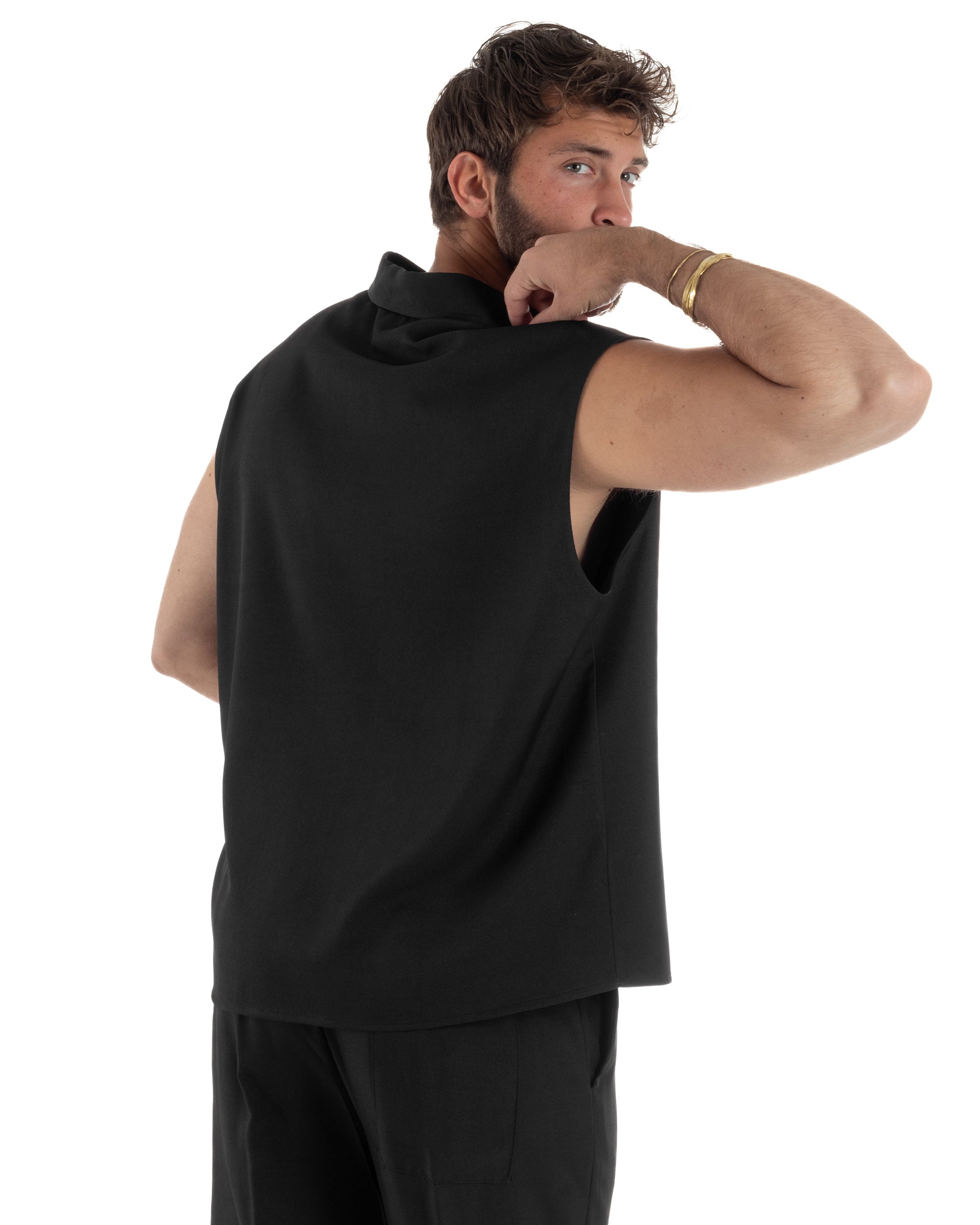 Coordinato uomo viscosa camicia giromanica pantaloni coulisse nero GIOSAL-OU2554A