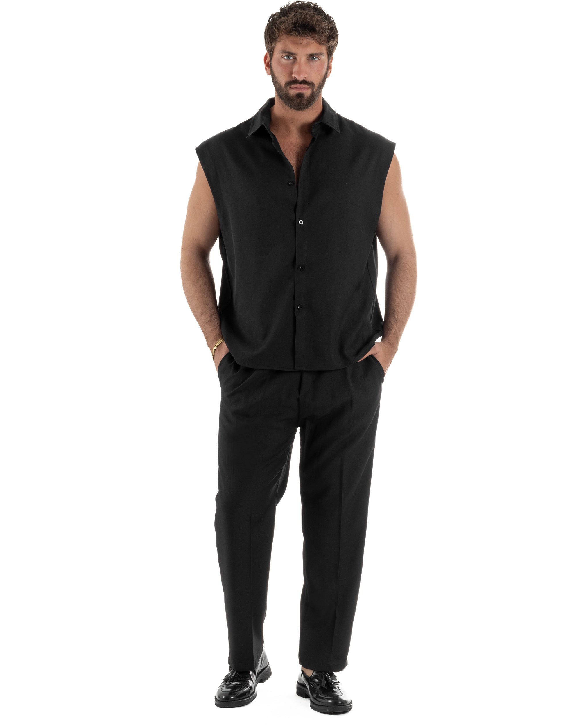 Coordinato uomo viscosa camicia giromanica pantaloni coulisse nero GIOSAL-OU2554A
