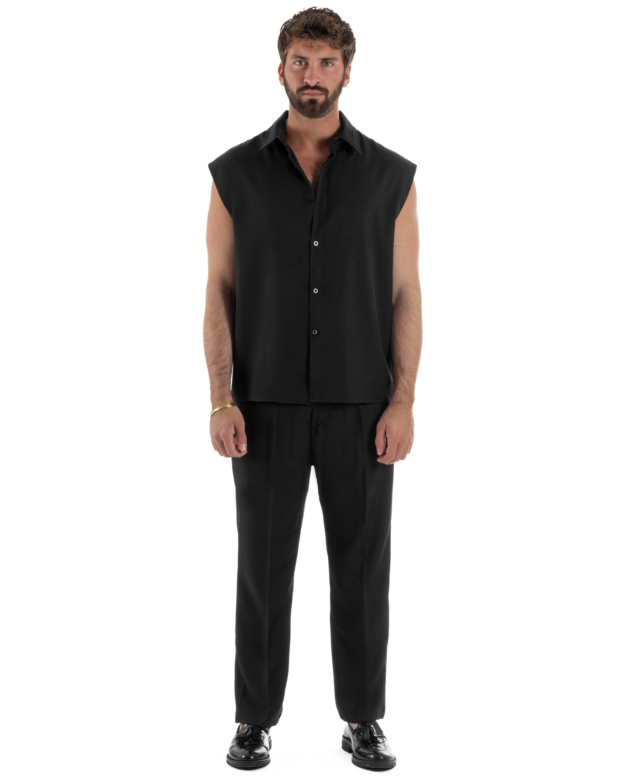 Coordinato uomo viscosa camicia giromanica pantaloni coulisse nero GIOSAL-OU2554A