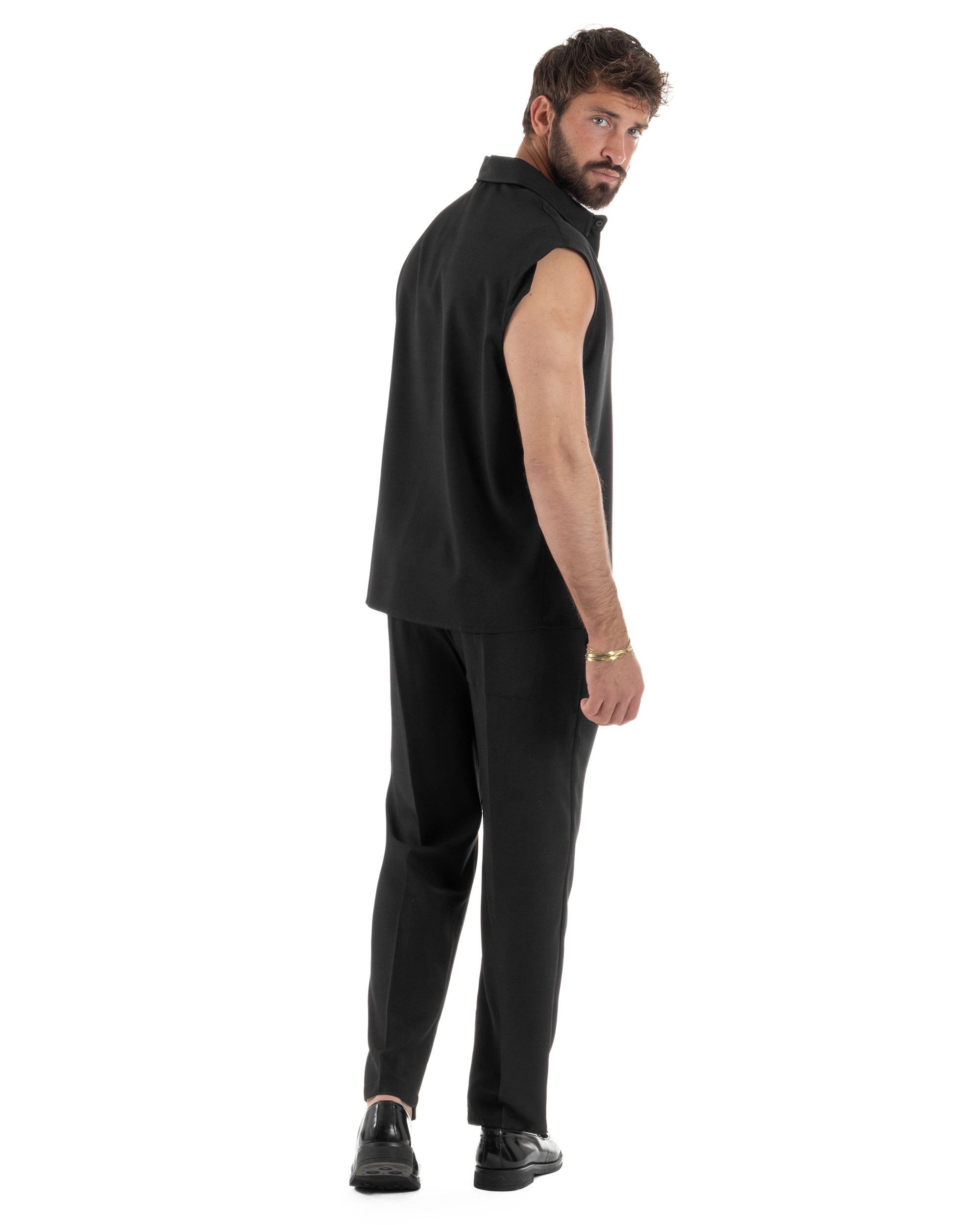 Coordinato uomo viscosa camicia giromanica pantaloni coulisse nero GIOSAL-OU2554A