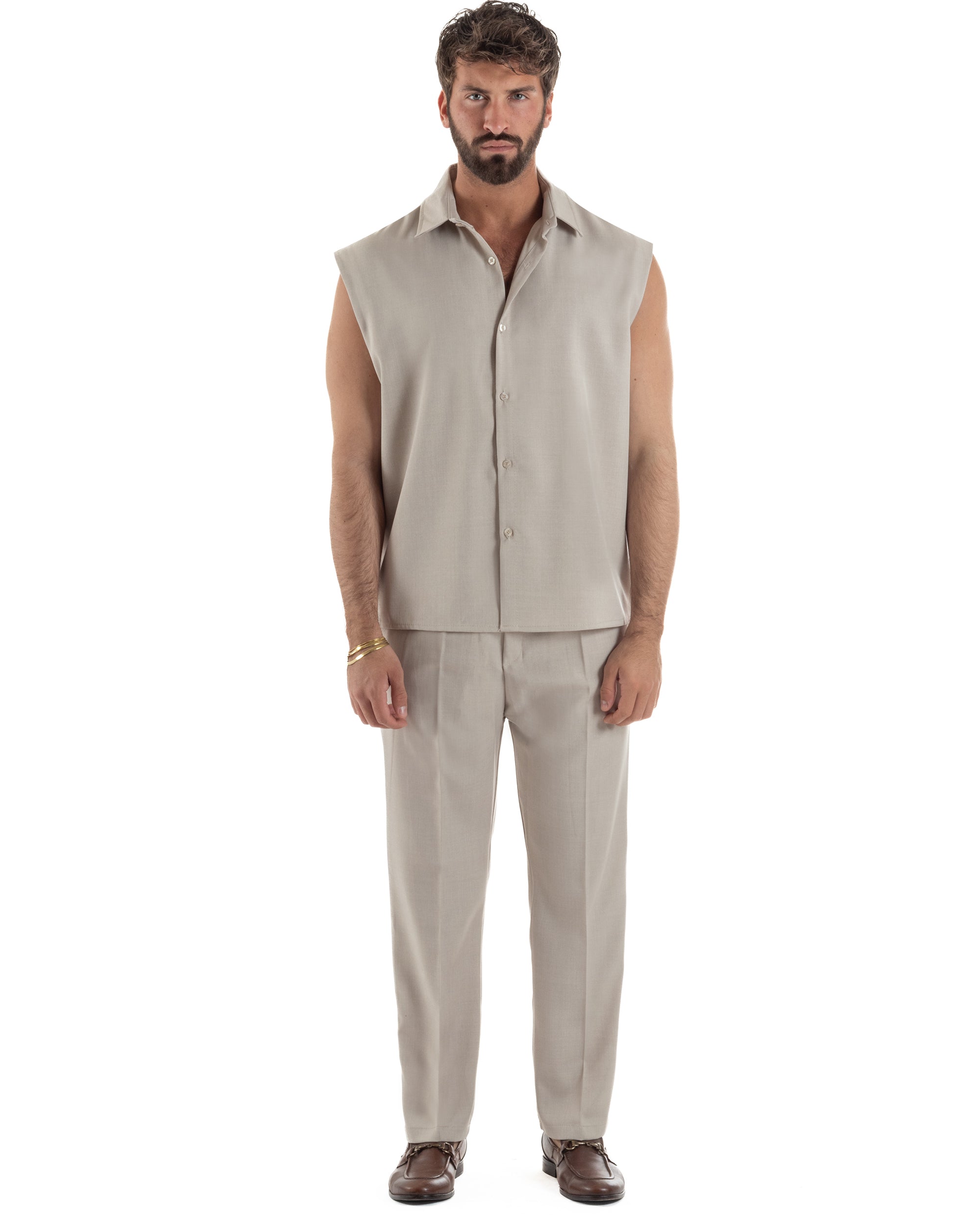Coordinato uomo viscosa camicia giromanica pantaloni coulisse beige GIOSAL-OU2555A