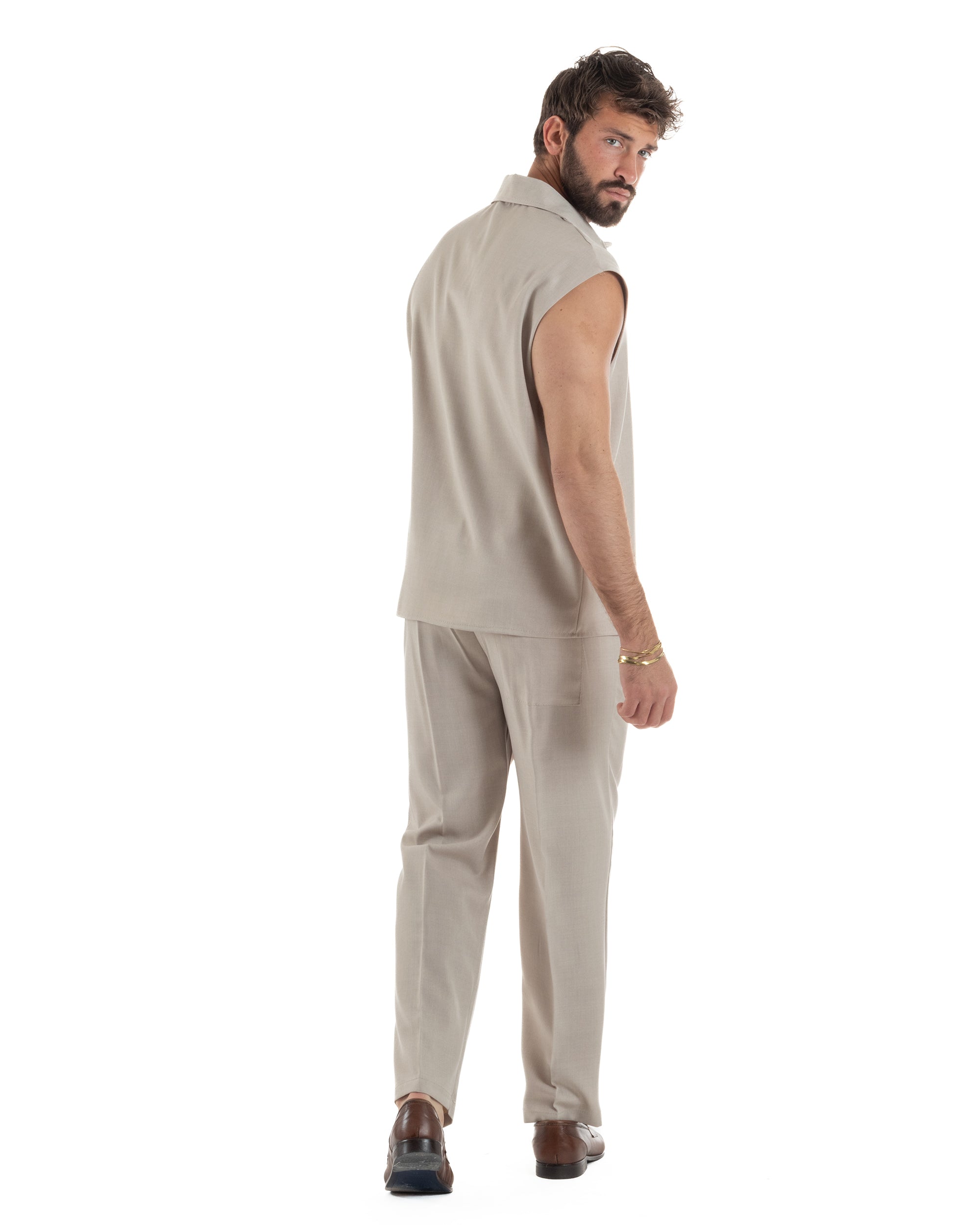 Coordinato uomo viscosa camicia giromanica pantaloni coulisse beige GIOSAL-OU2555A