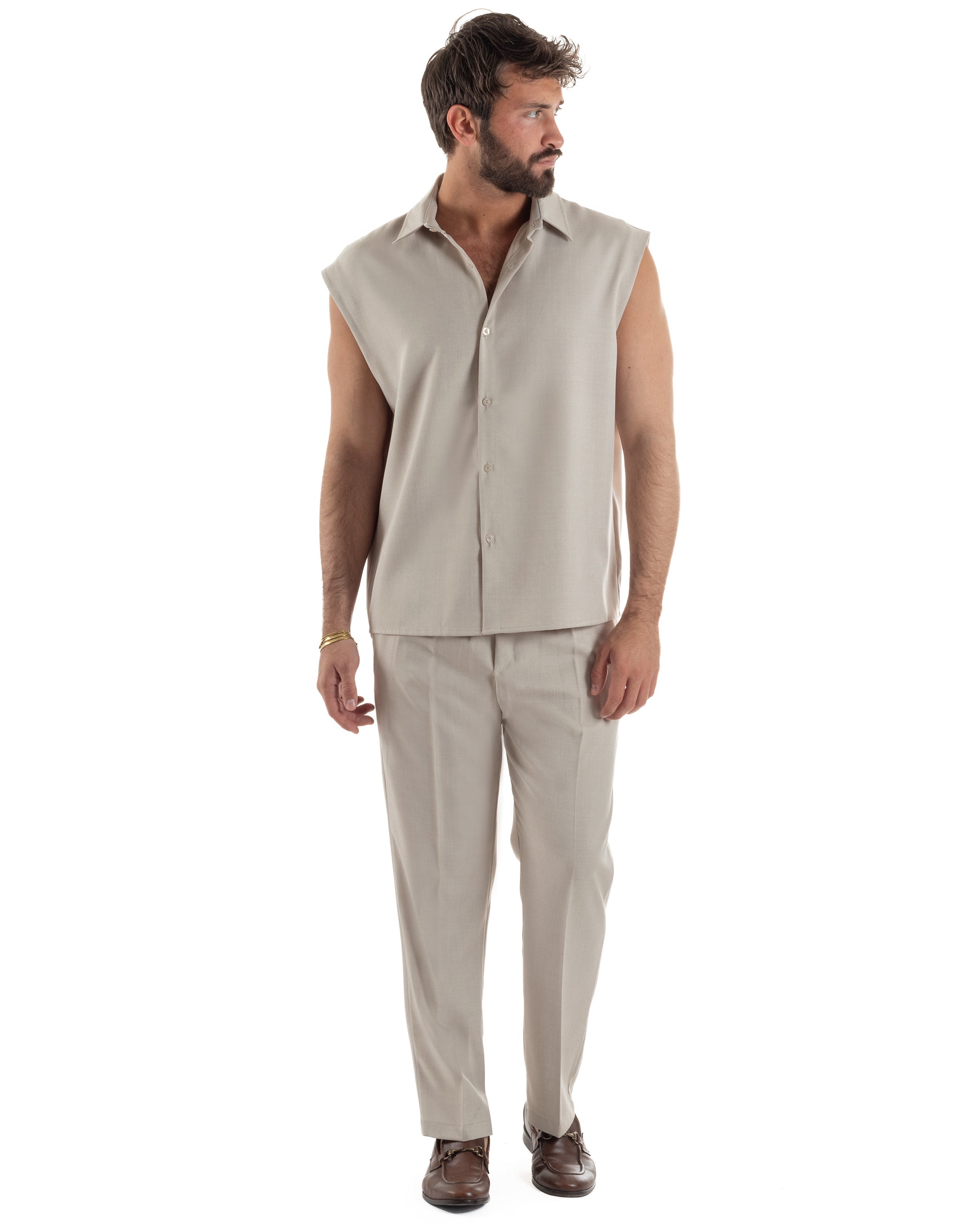 Coordinato uomo viscosa camicia giromanica pantaloni coulisse beige GIOSAL-OU2555A