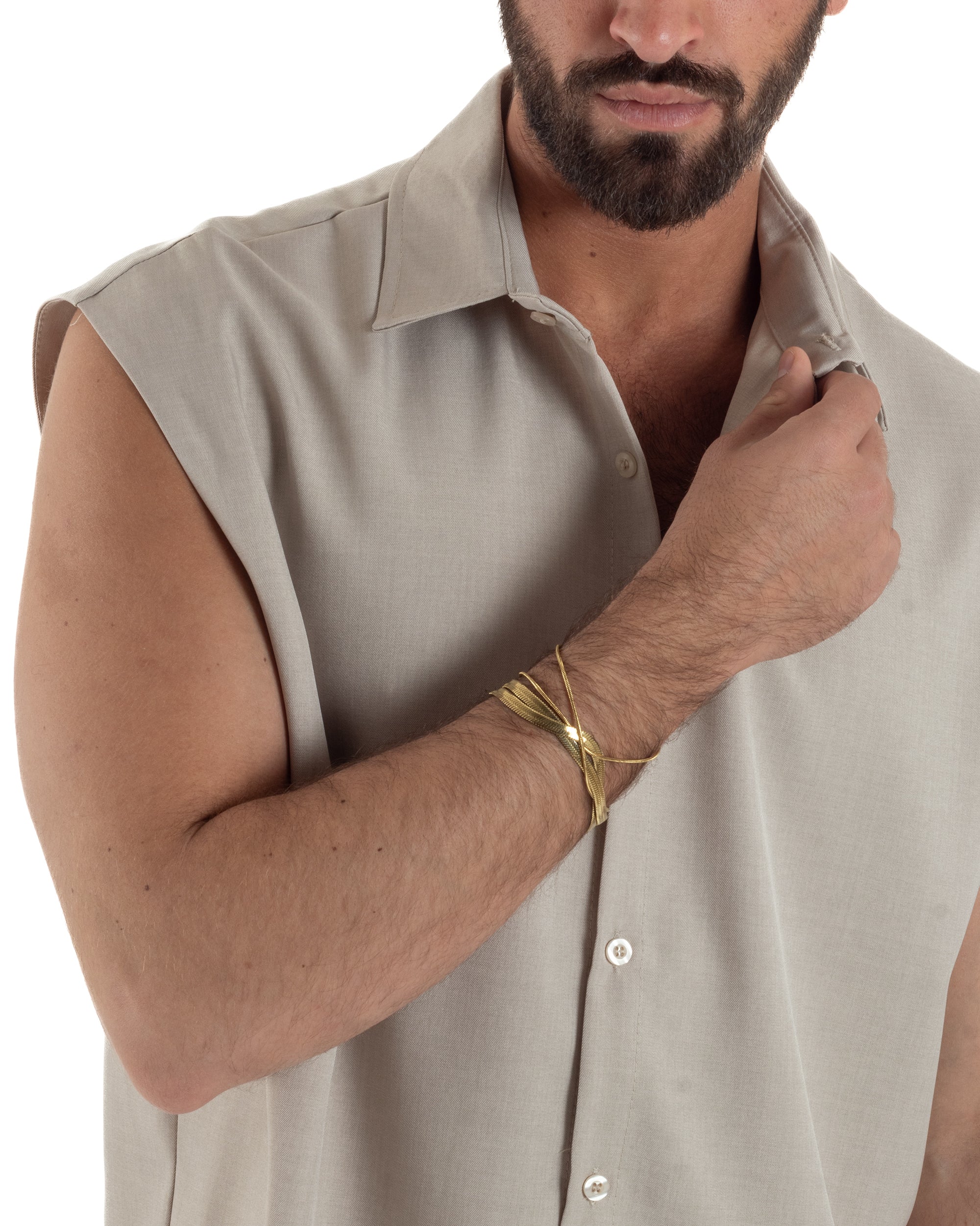 Coordinato uomo viscosa camicia giromanica pantaloni coulisse beige GIOSAL-OU2555A
