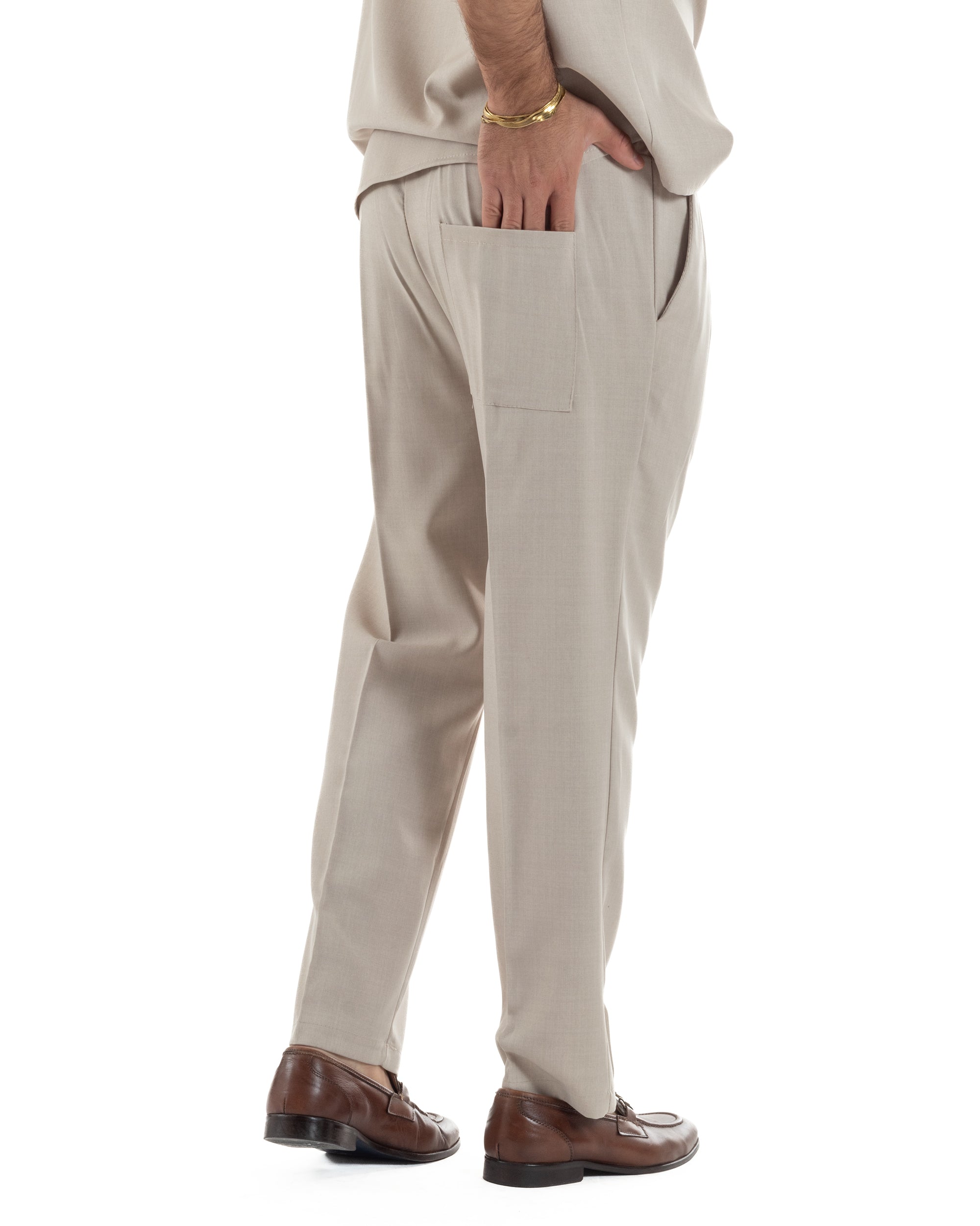 Coordinato uomo viscosa camicia giromanica pantaloni coulisse beige GIOSAL-OU2555A