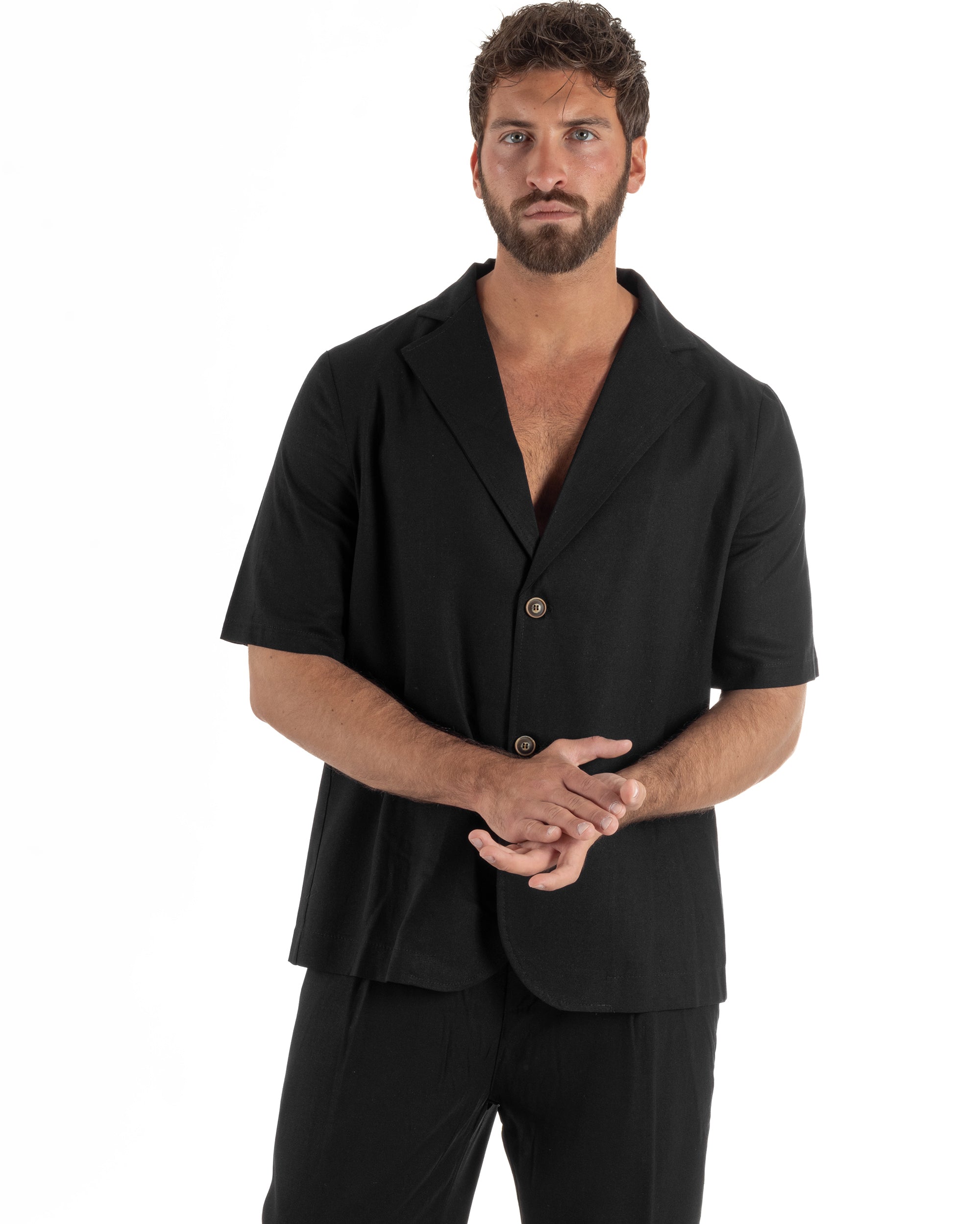 Coordinato uomo completo lino camicia maniche corte pantaloni relaxed fit nero GIOSAL-OU2556A