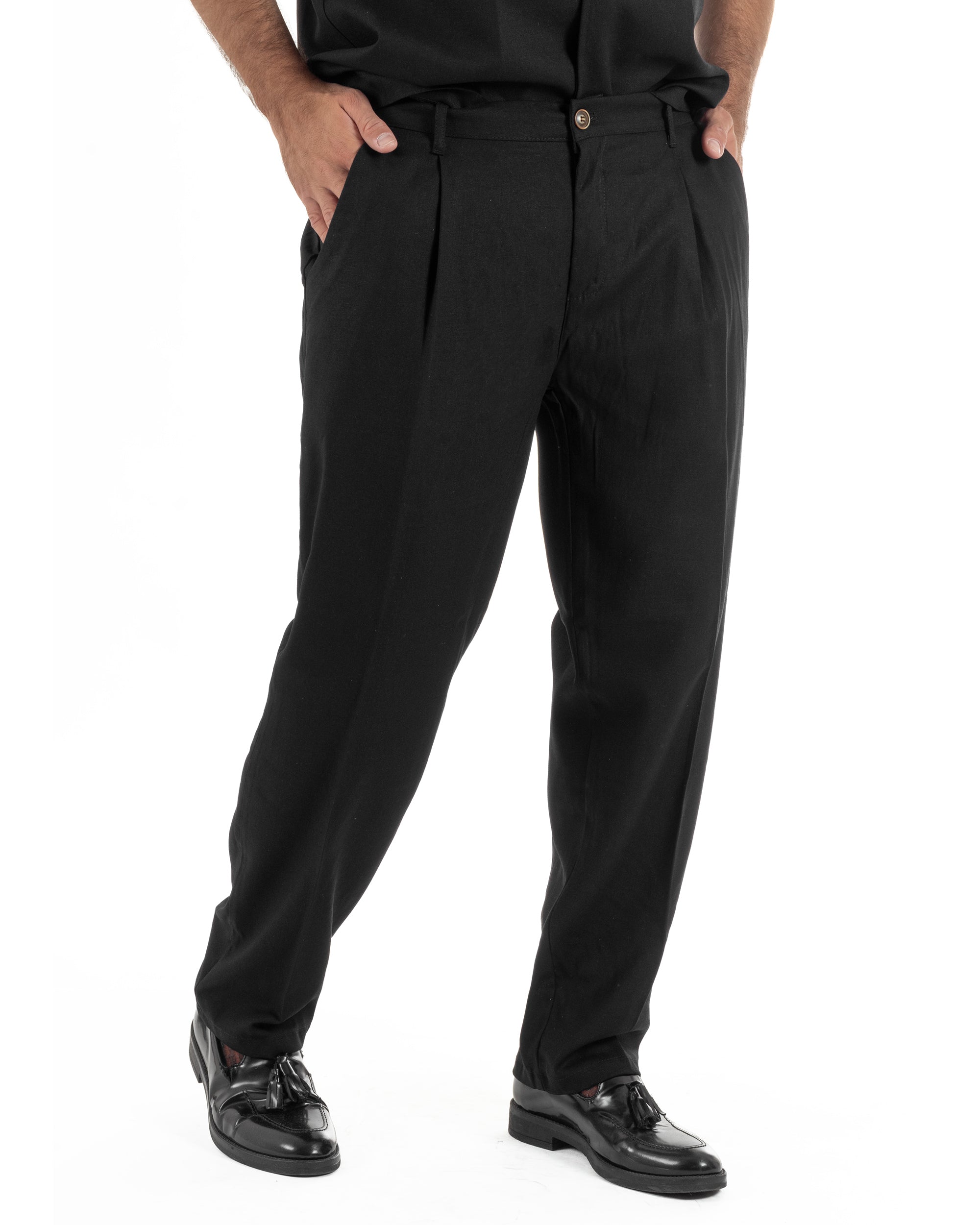 Coordinato uomo completo lino camicia maniche corte pantaloni relaxed fit nero GIOSAL-OU2556A