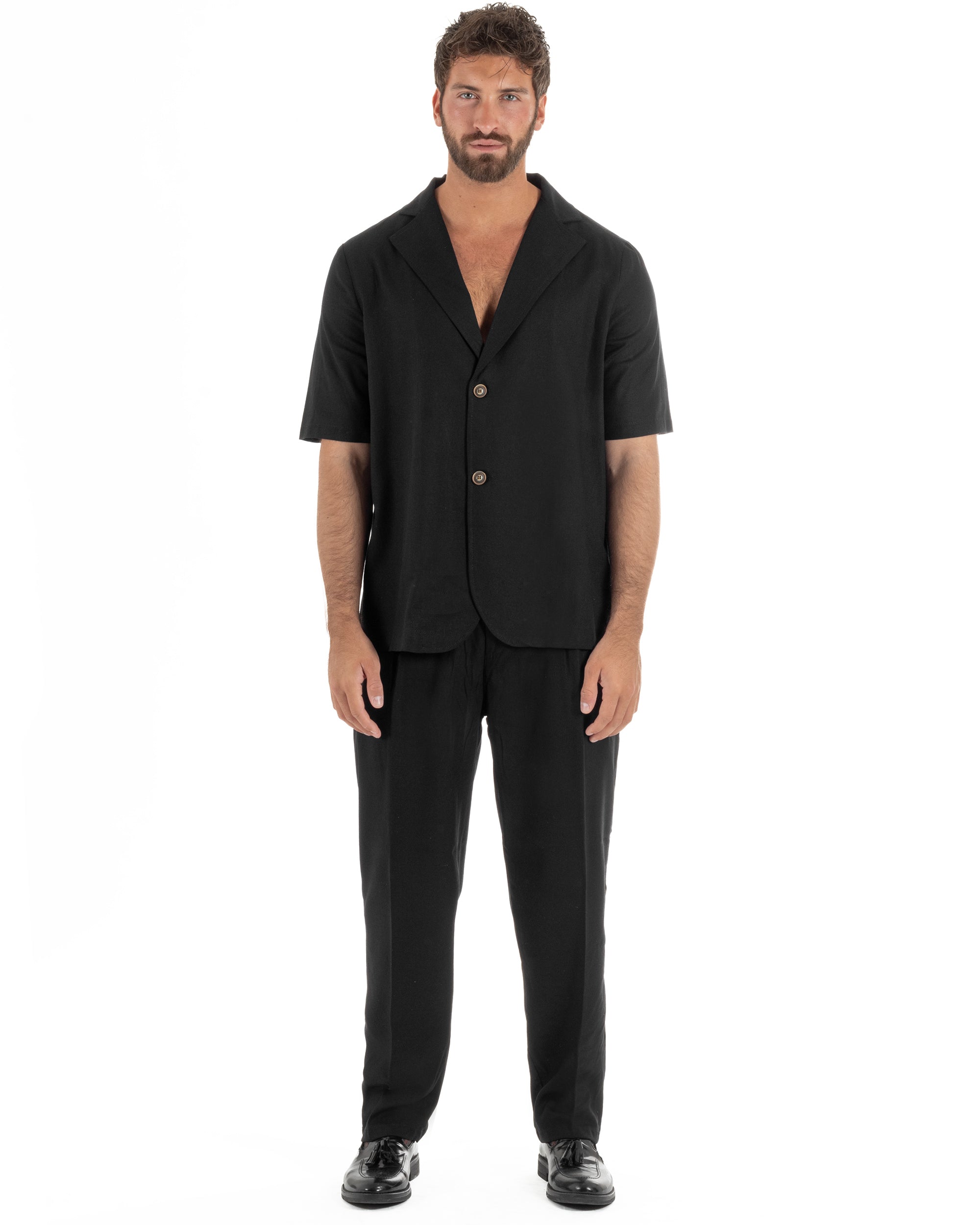 Coordinato uomo completo lino camicia maniche corte pantaloni relaxed fit nero GIOSAL-OU2556A