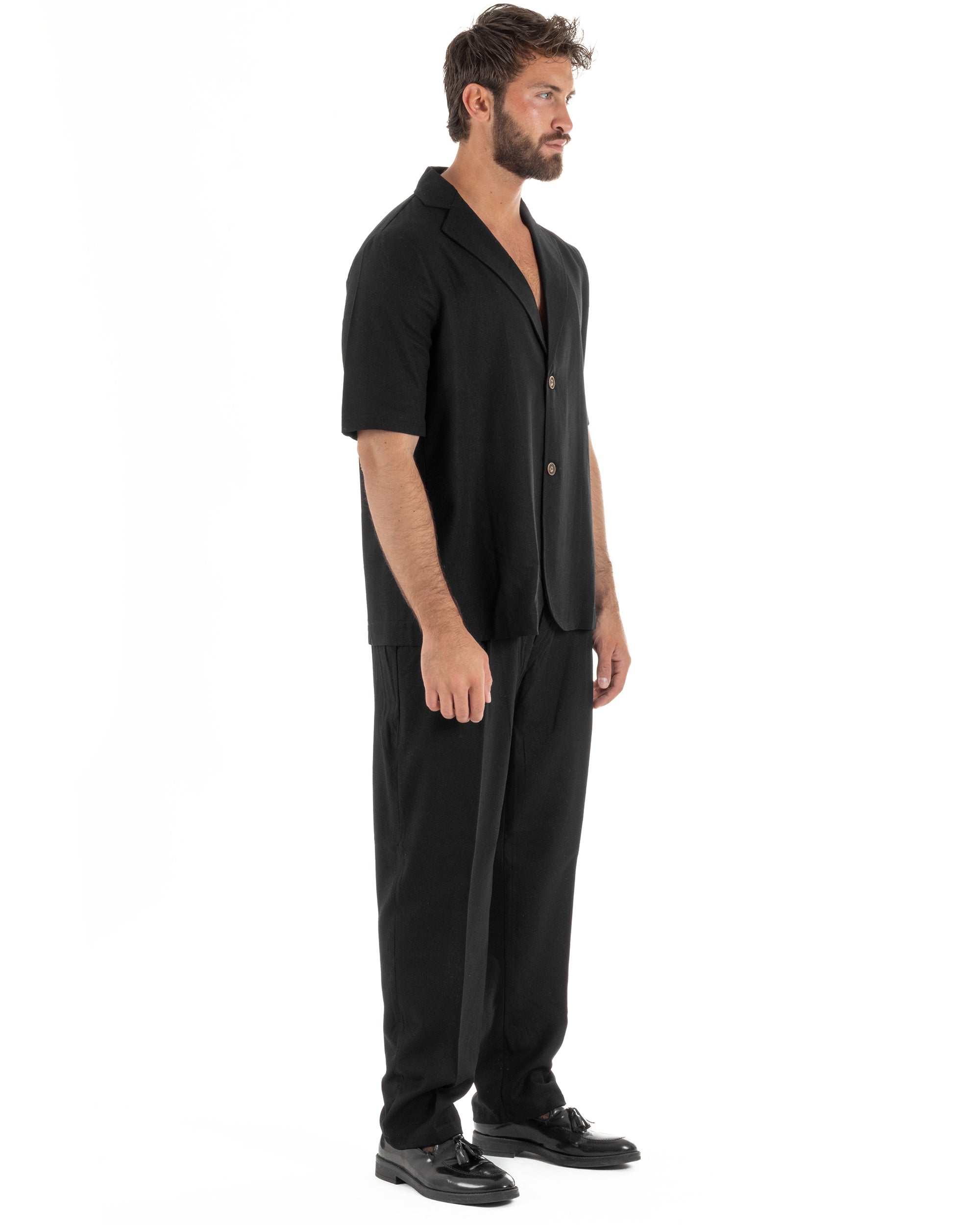 Coordinato uomo completo lino camicia maniche corte pantaloni relaxed fit nero GIOSAL-OU2556A