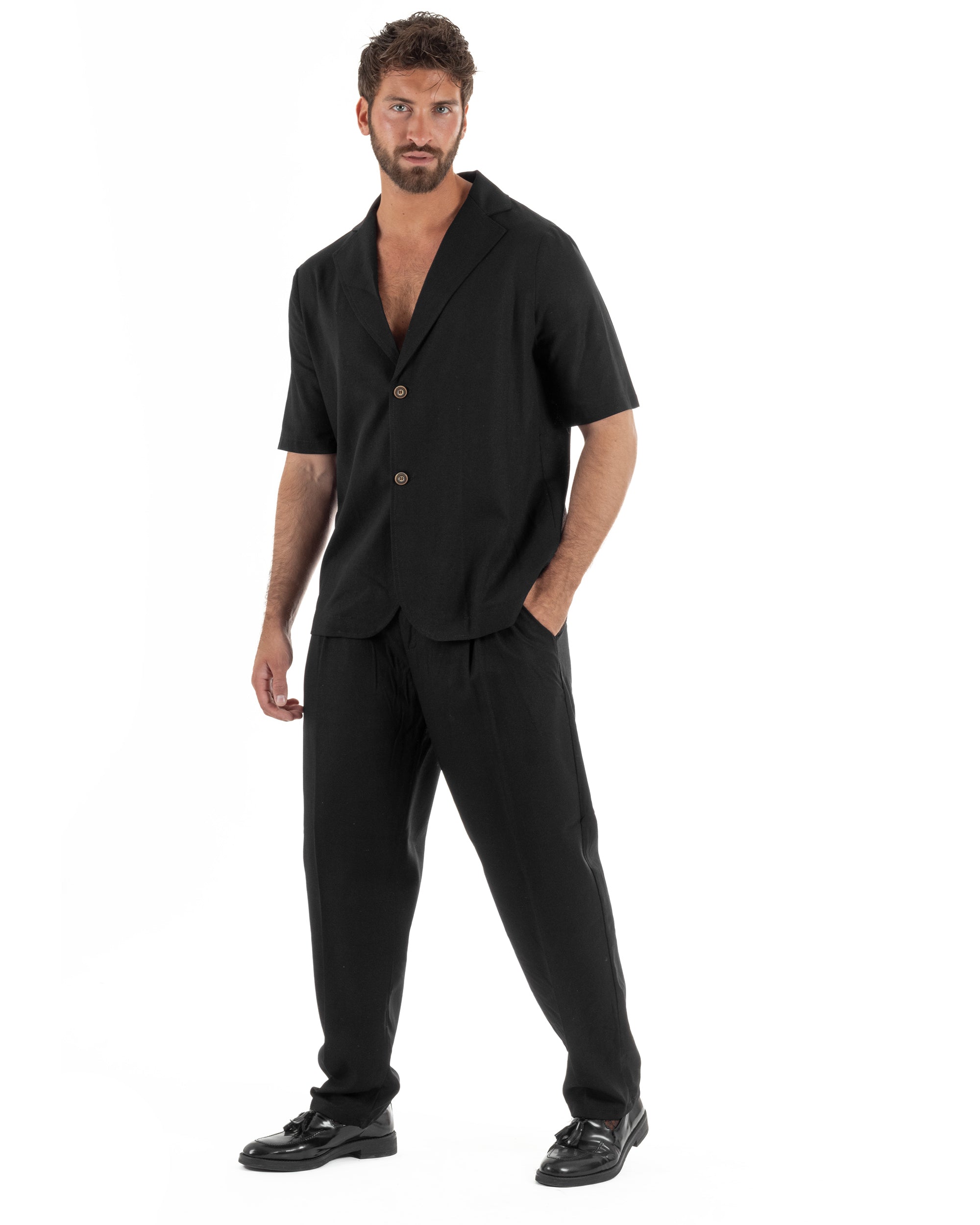 Coordinato uomo completo lino camicia maniche corte pantaloni relaxed fit nero GIOSAL-OU2556A