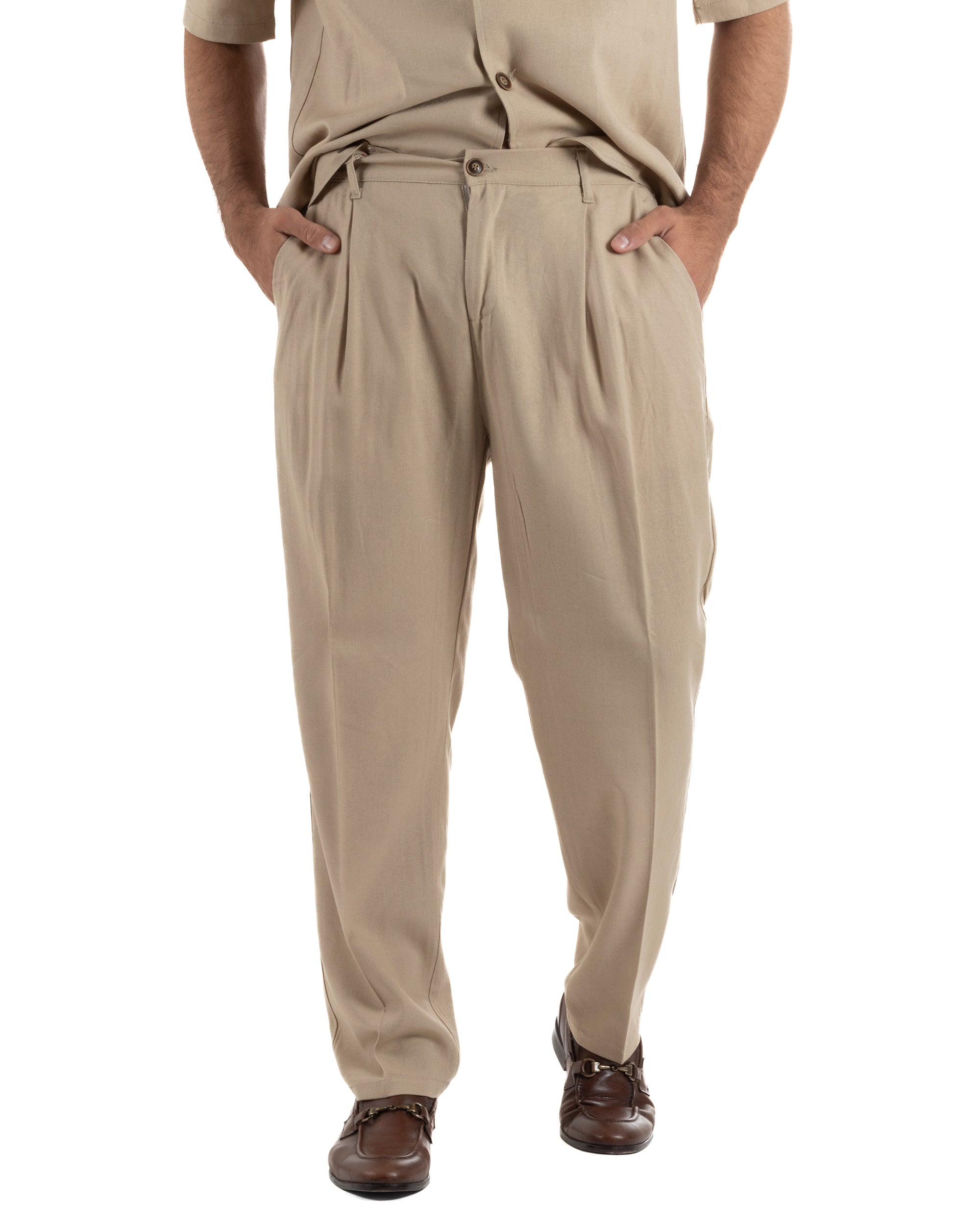 Coordinato uomo completo lino camicia maniche corte pantaloni relaxed fit beige GIOSAL-OU2557A