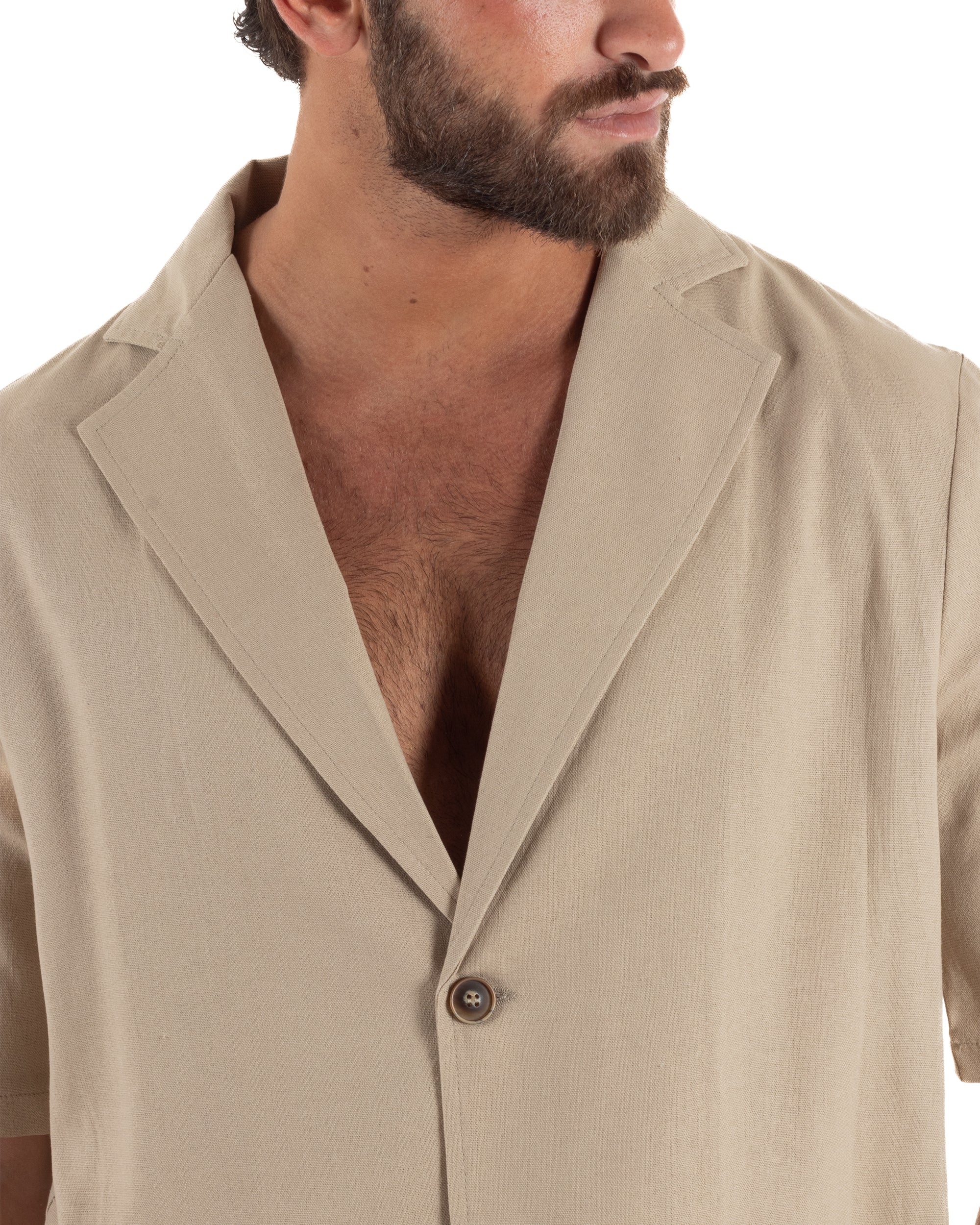 Coordinato uomo completo lino camicia maniche corte pantaloni relaxed fit beige GIOSAL-OU2557A