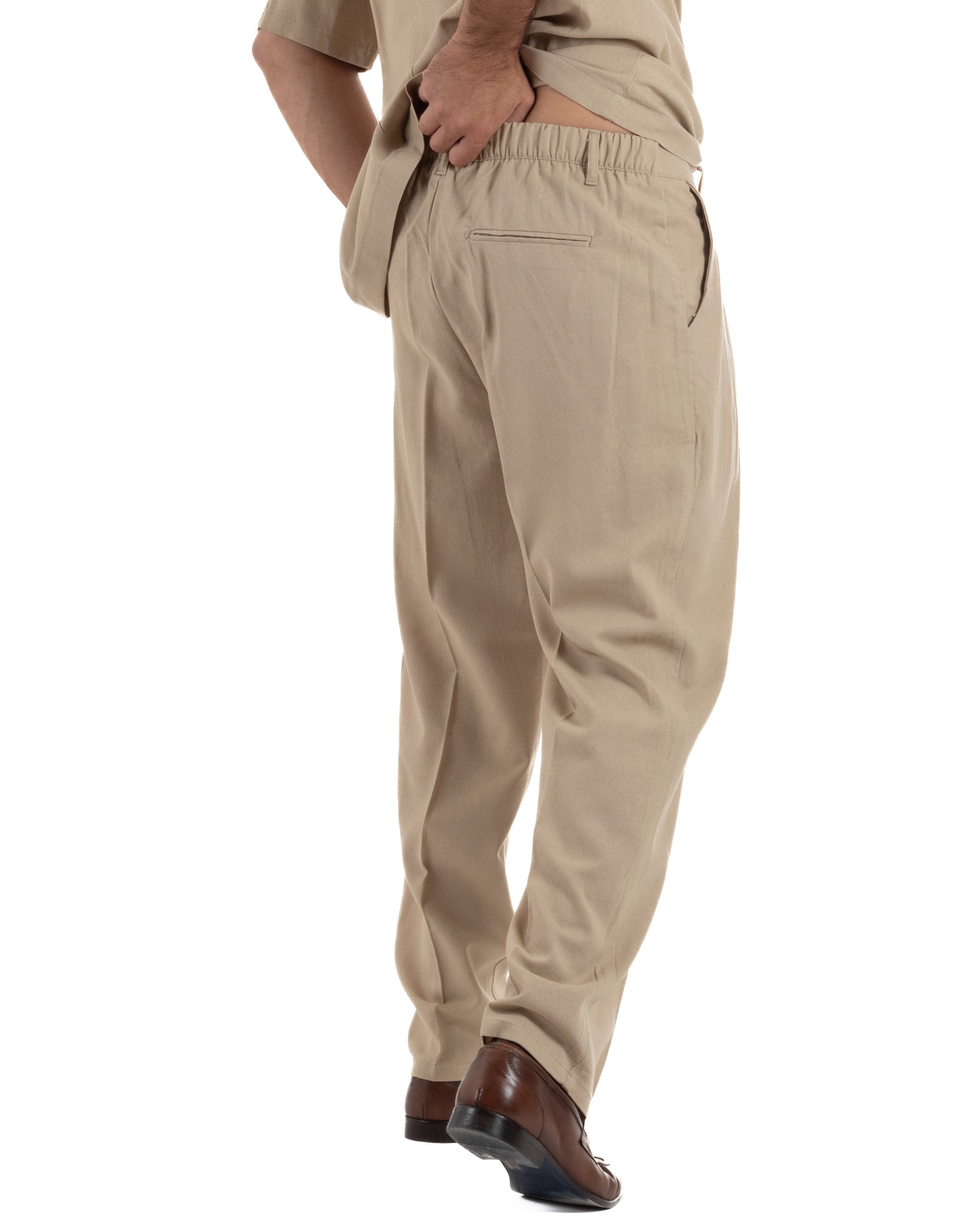 Coordinato uomo completo lino camicia maniche corte pantaloni relaxed fit beige GIOSAL-OU2557A