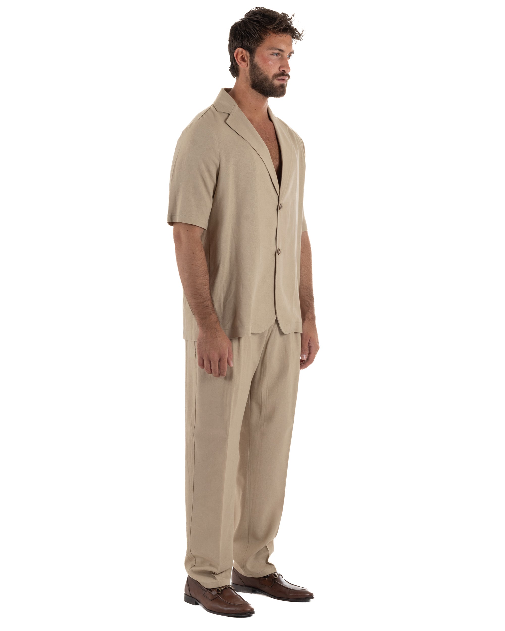 Coordinato uomo completo lino camicia maniche corte pantaloni relaxed fit beige GIOSAL-OU2557A