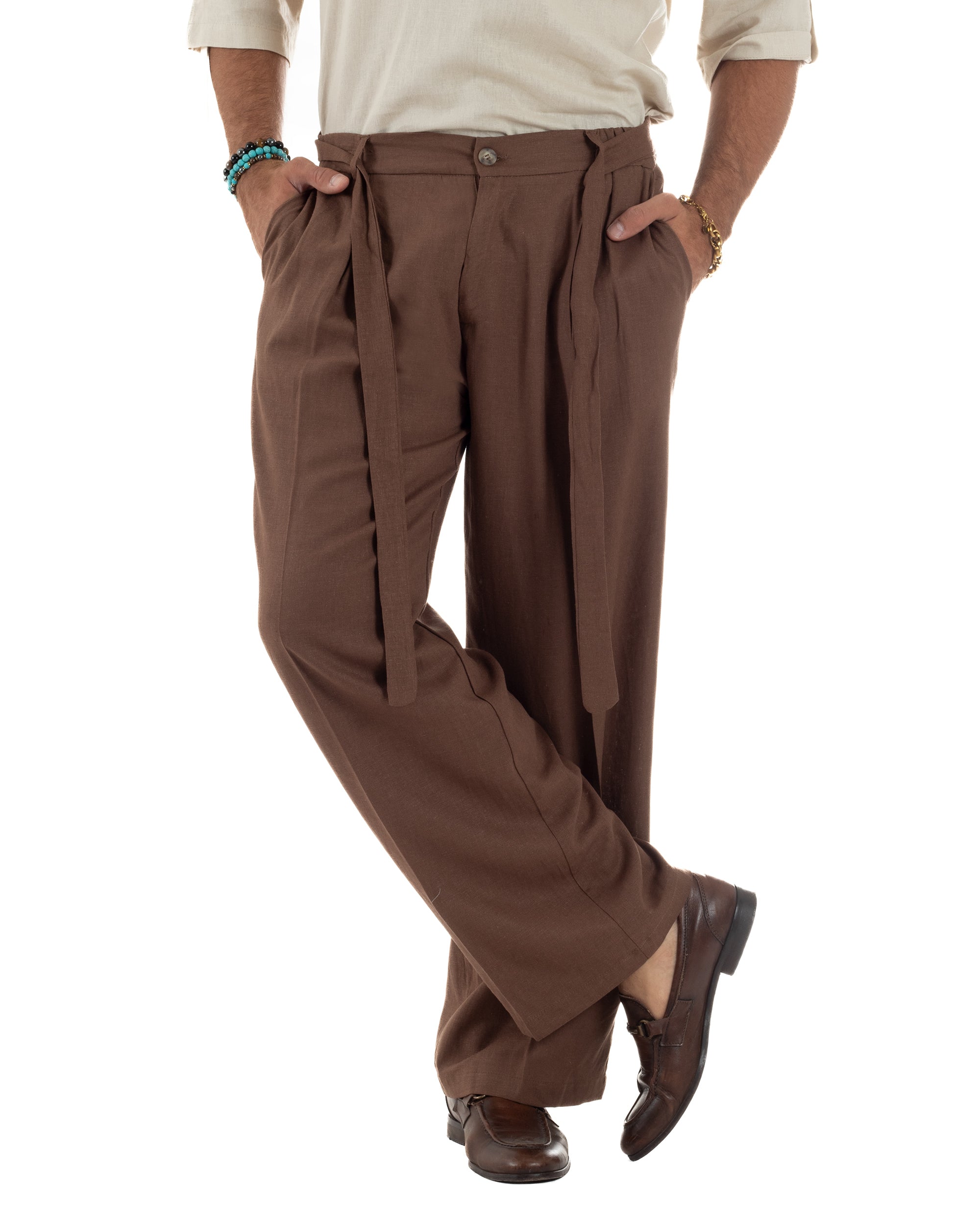 Outfit coordinato lino kimono pantaloni baggy corda morbido marrone GIOSAL-OU2559A