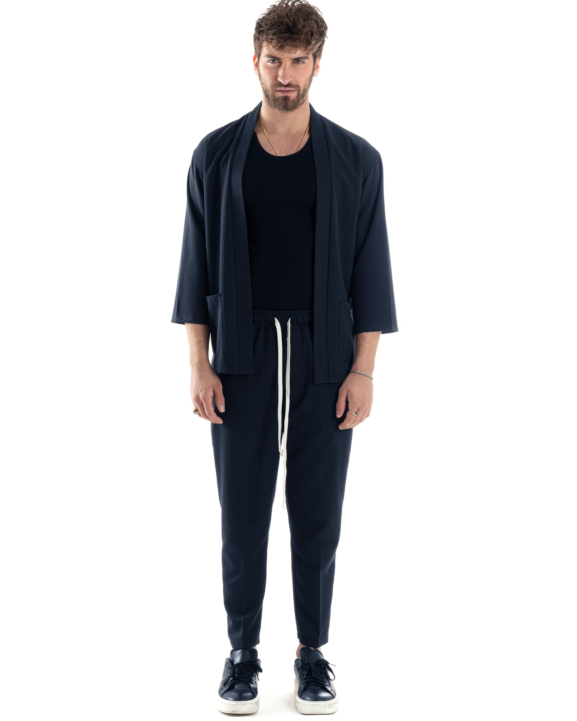 Completo set coordinato uomo giacca kimono pantaloni blu GIOSAL-OU2560A