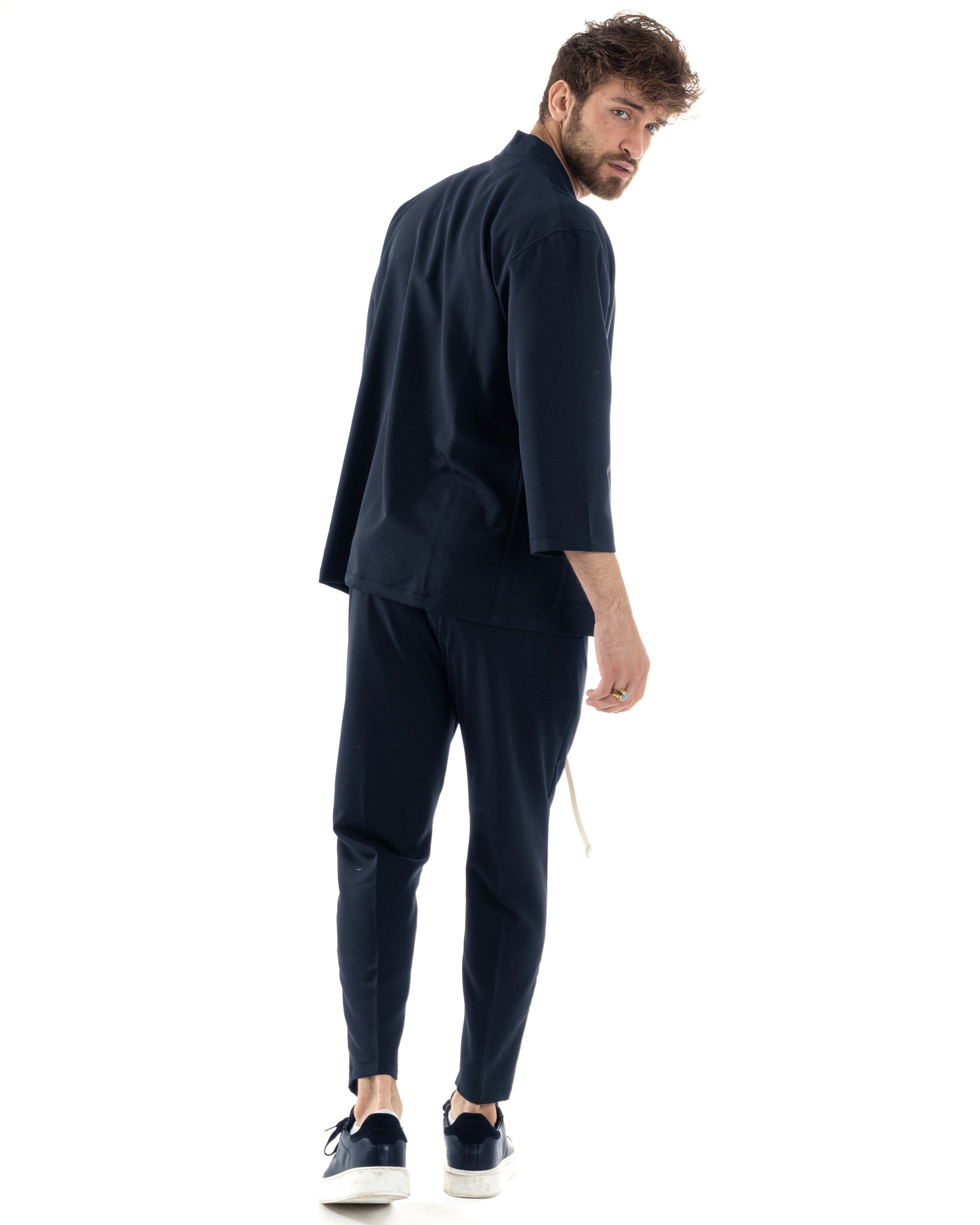 Completo set coordinato uomo giacca kimono pantaloni blu GIOSAL-OU2560A