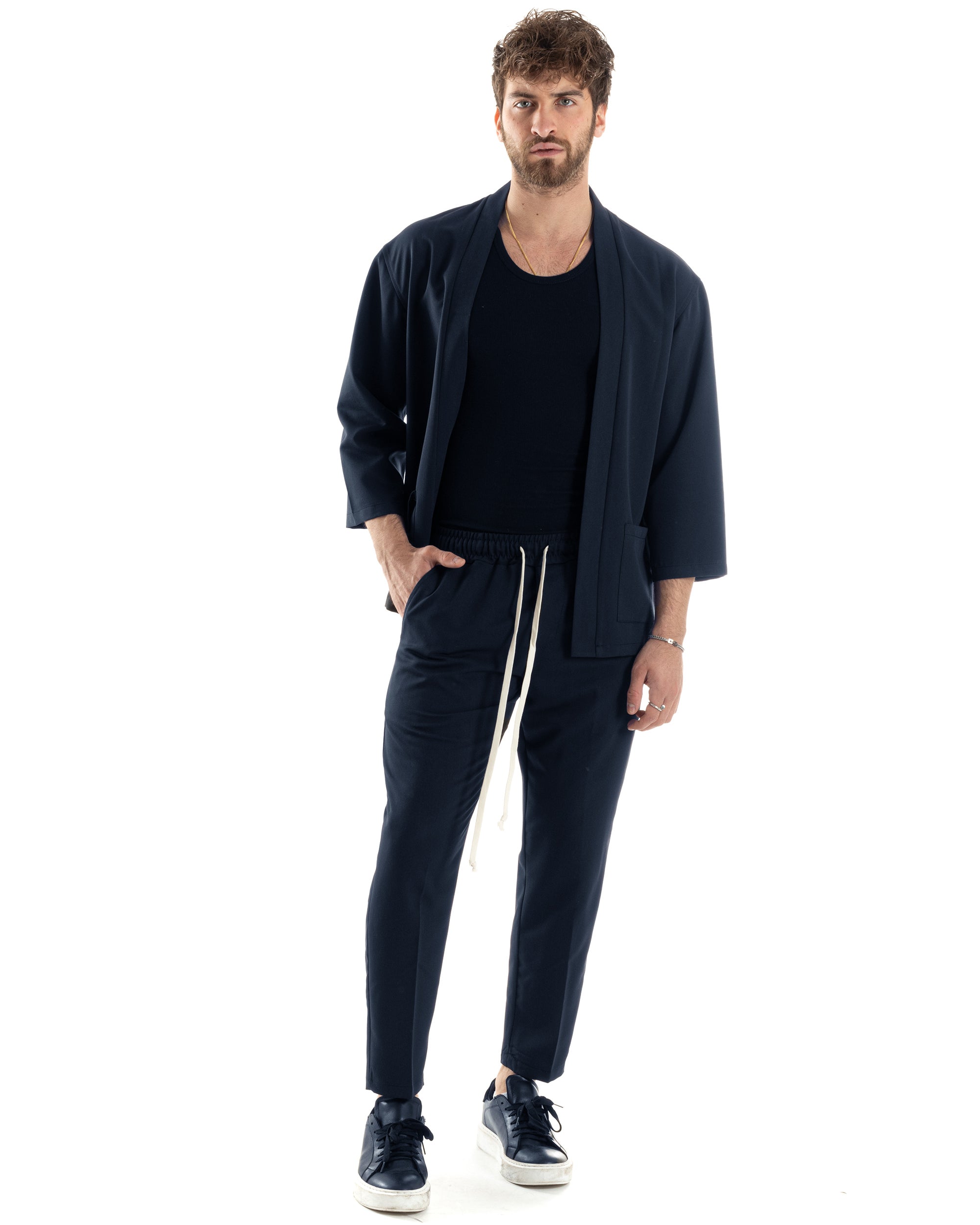 Completo set coordinato uomo giacca kimono pantaloni blu GIOSAL-OU2560A